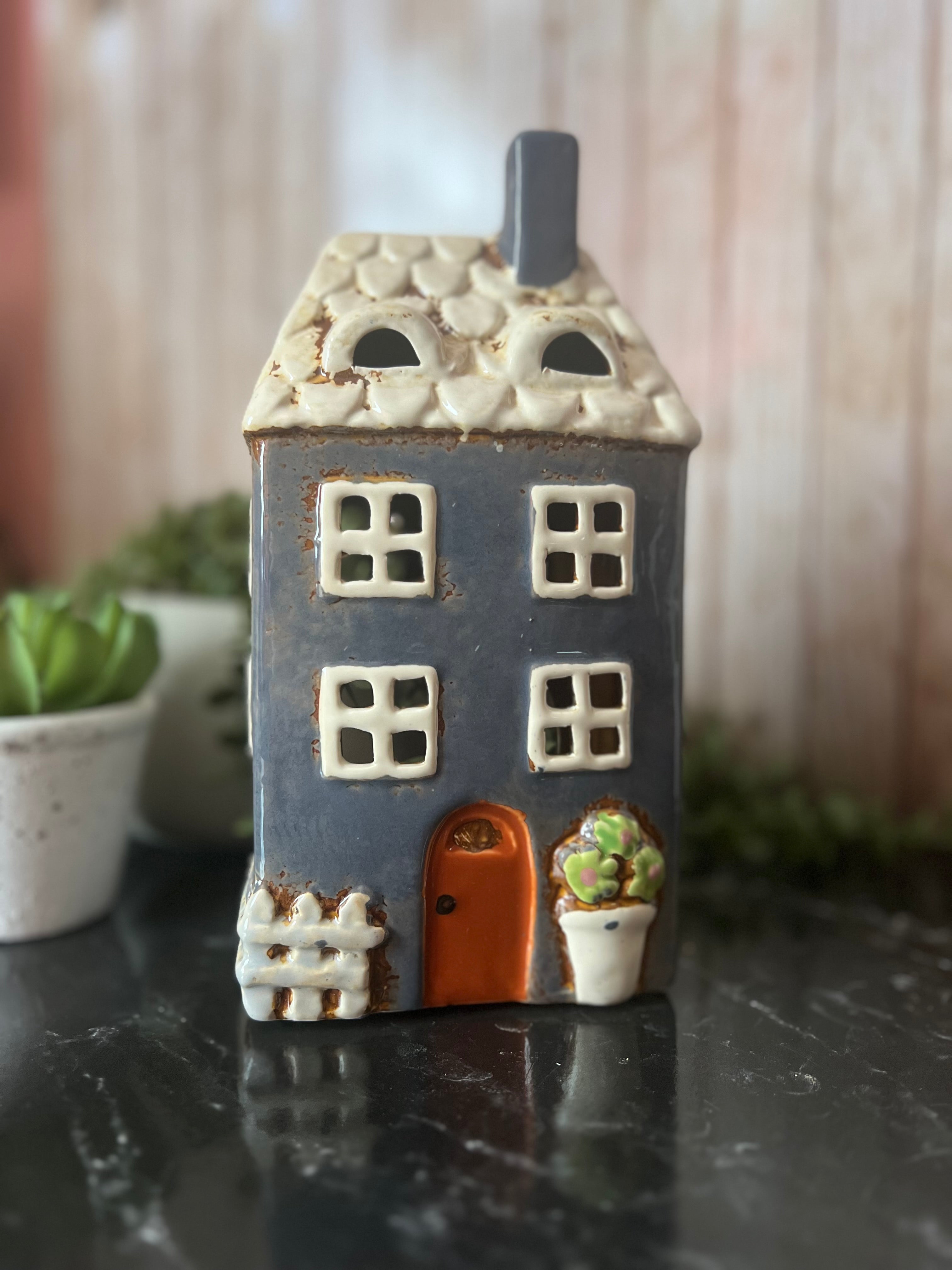 Tall Grey House With Lots of Detail Plant, Gate, Lovely Tea Light Holder