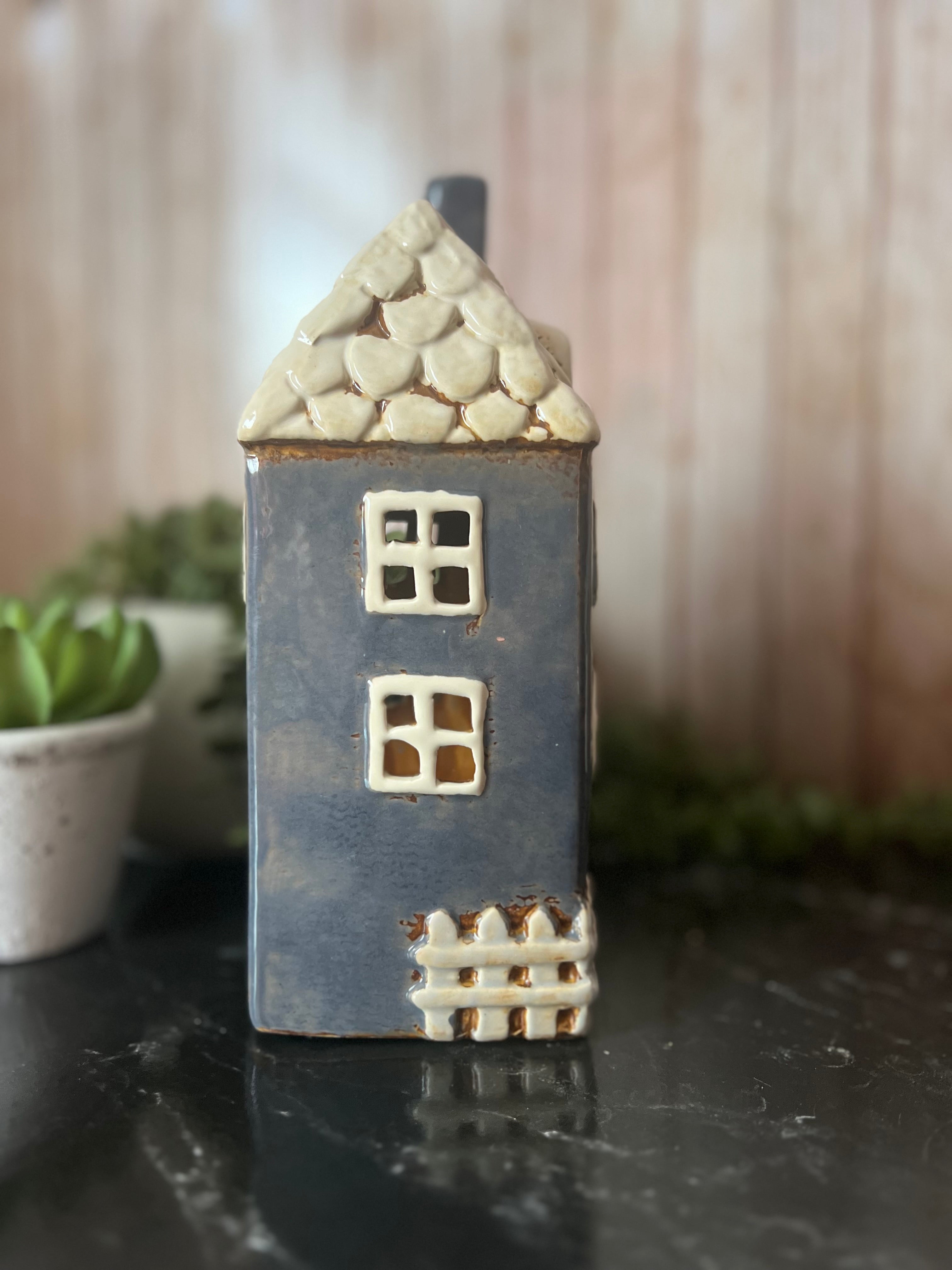 Tall Grey House With Lots of Detail Plant, Gate, Lovely Tea Light Holder