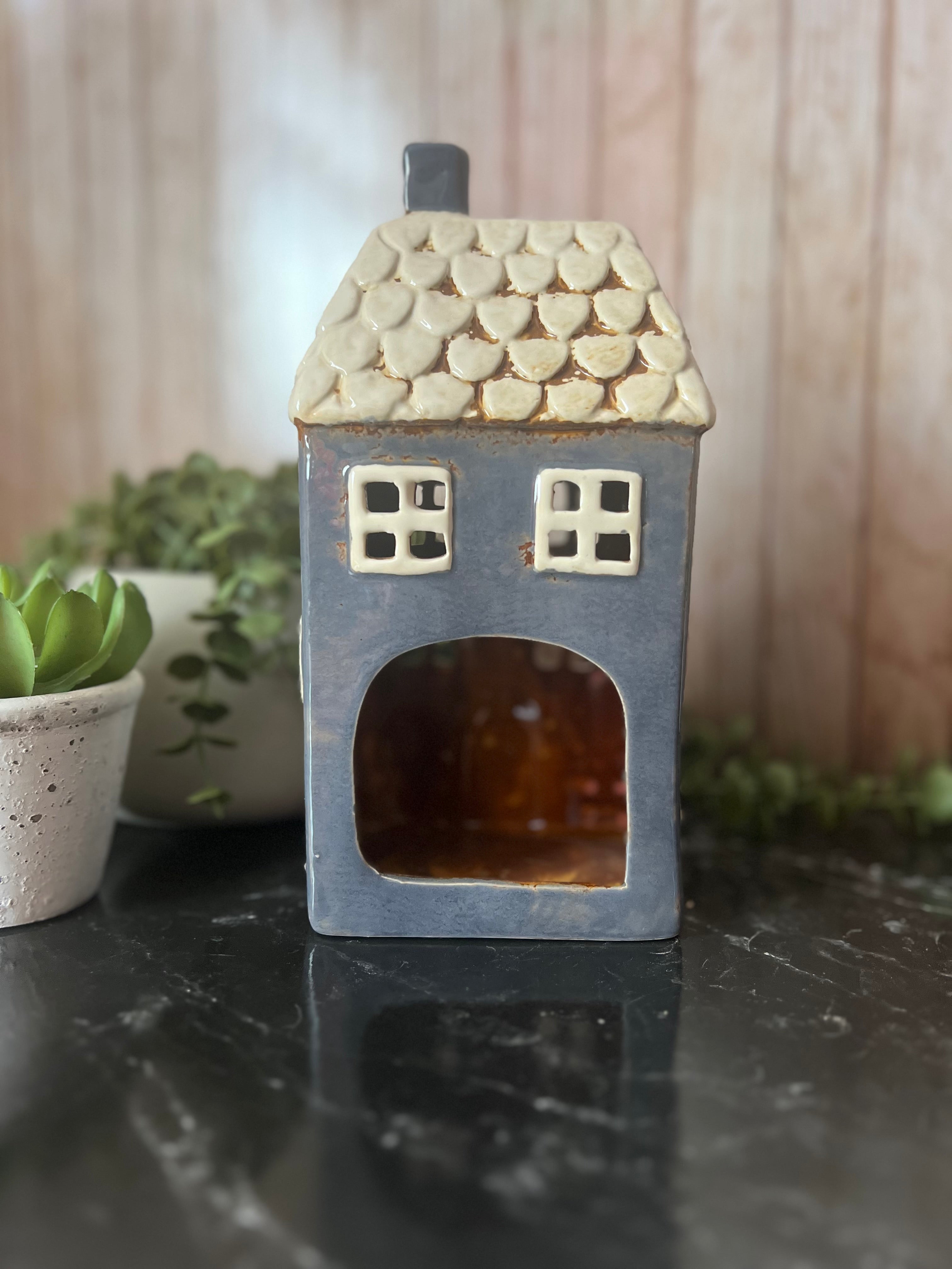 Tall Grey House With Lots of Detail Plant, Gate, Lovely Tea Light Holder