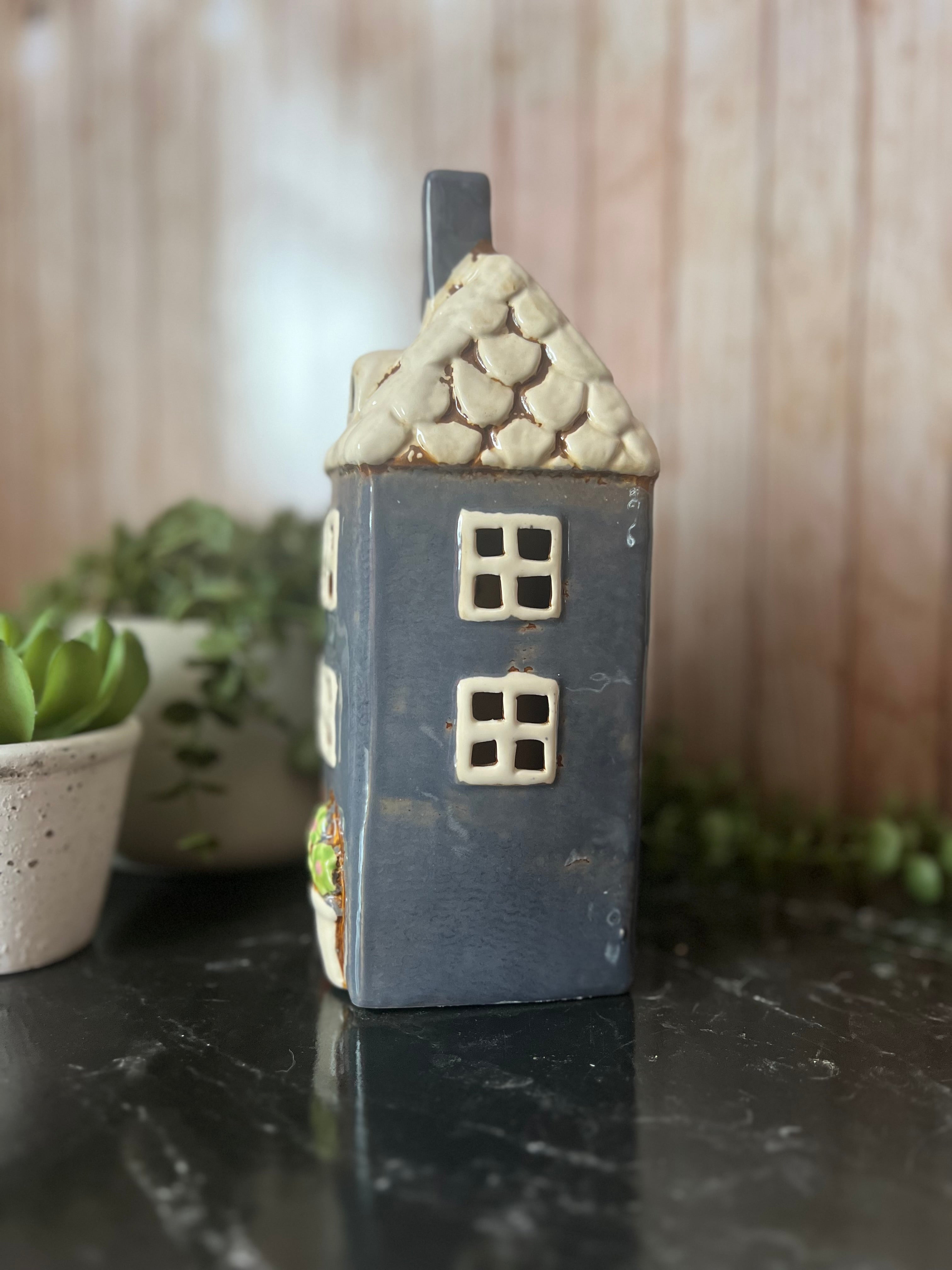 Tall Grey House With Lots of Detail Plant, Gate, Lovely Tea Light Holder