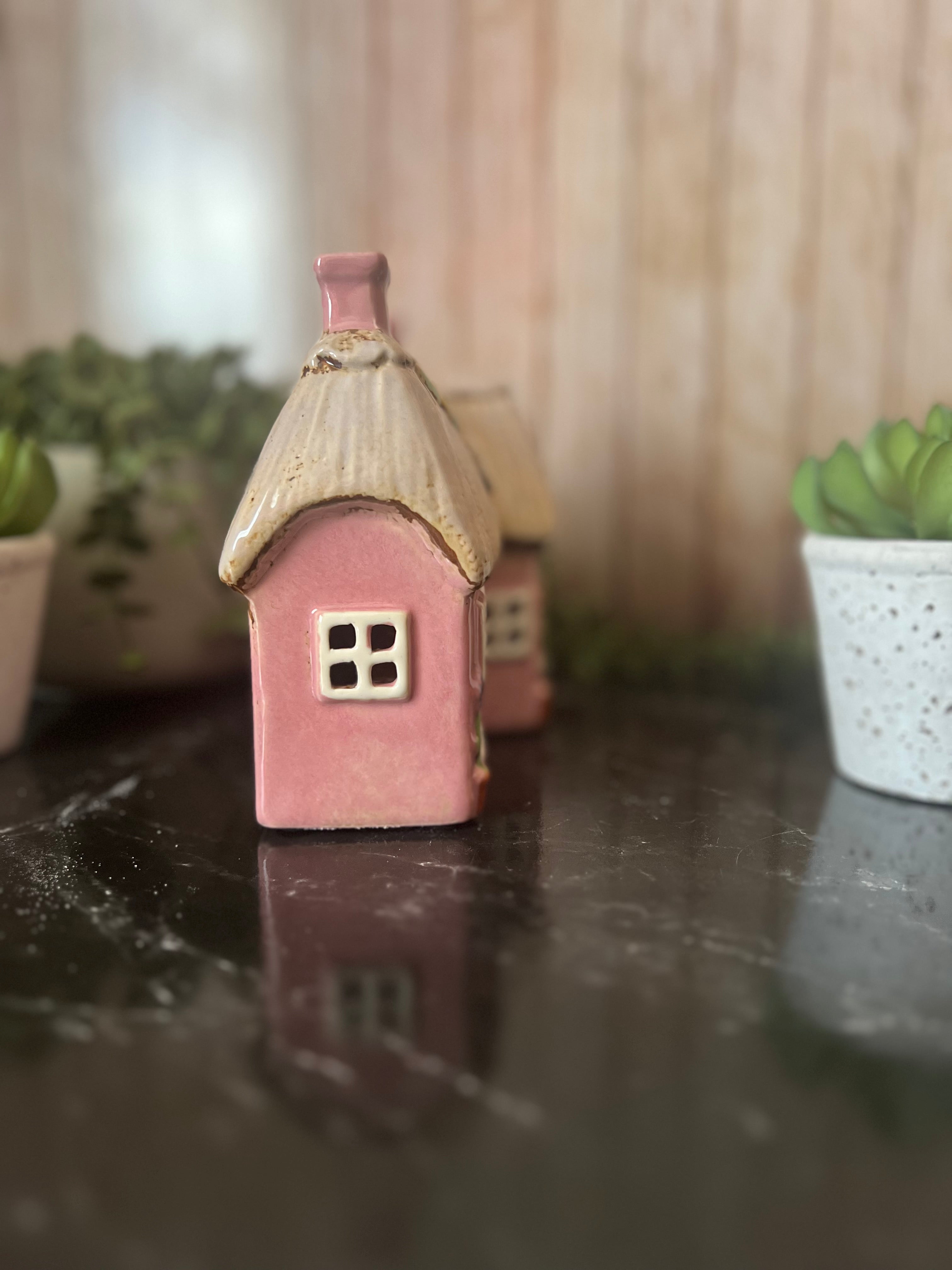 Pink Garden House with Cat at The Front Tea Light Holder