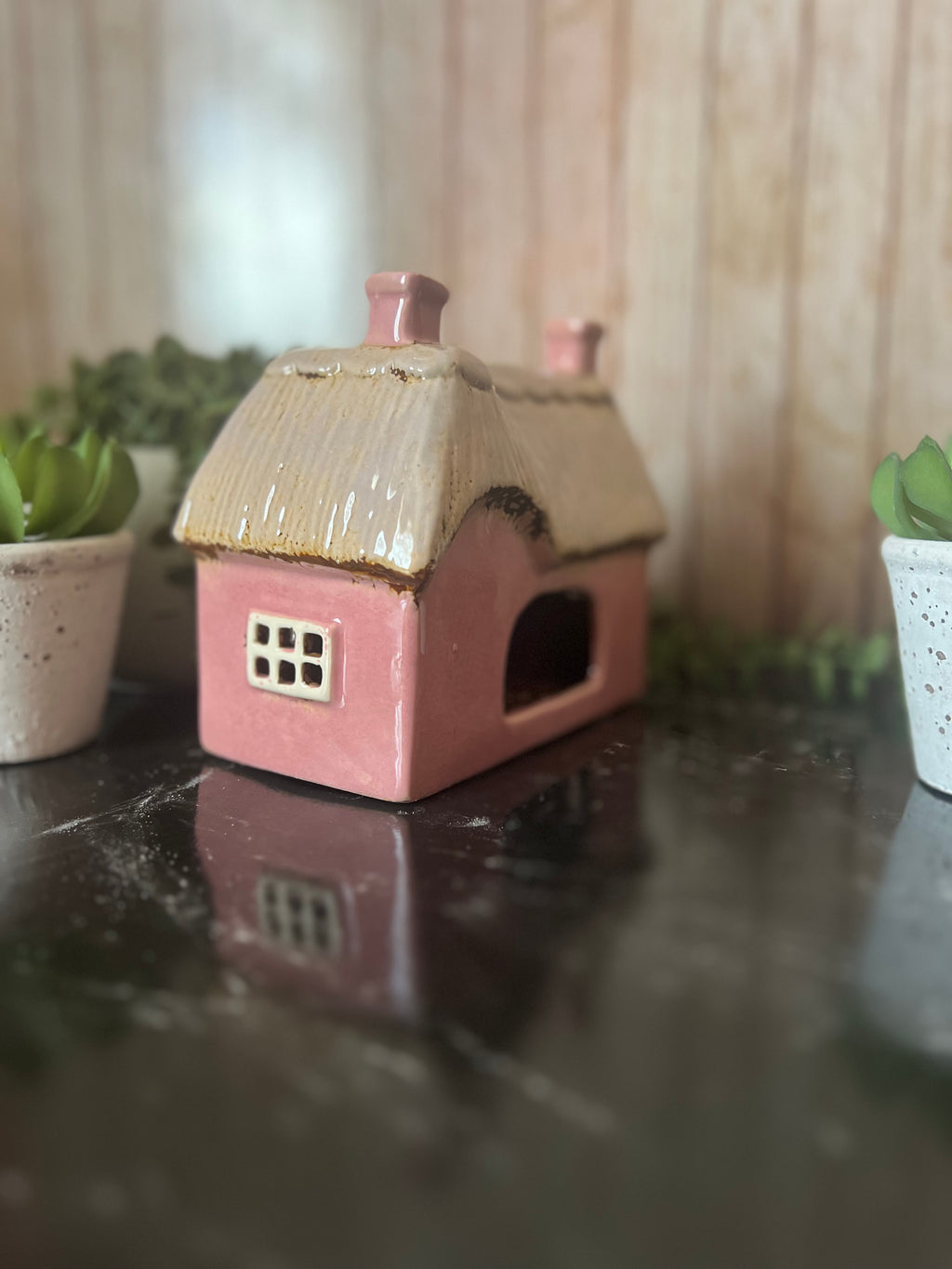 Pink Garden House with Cat at The Front Tea Light Holder