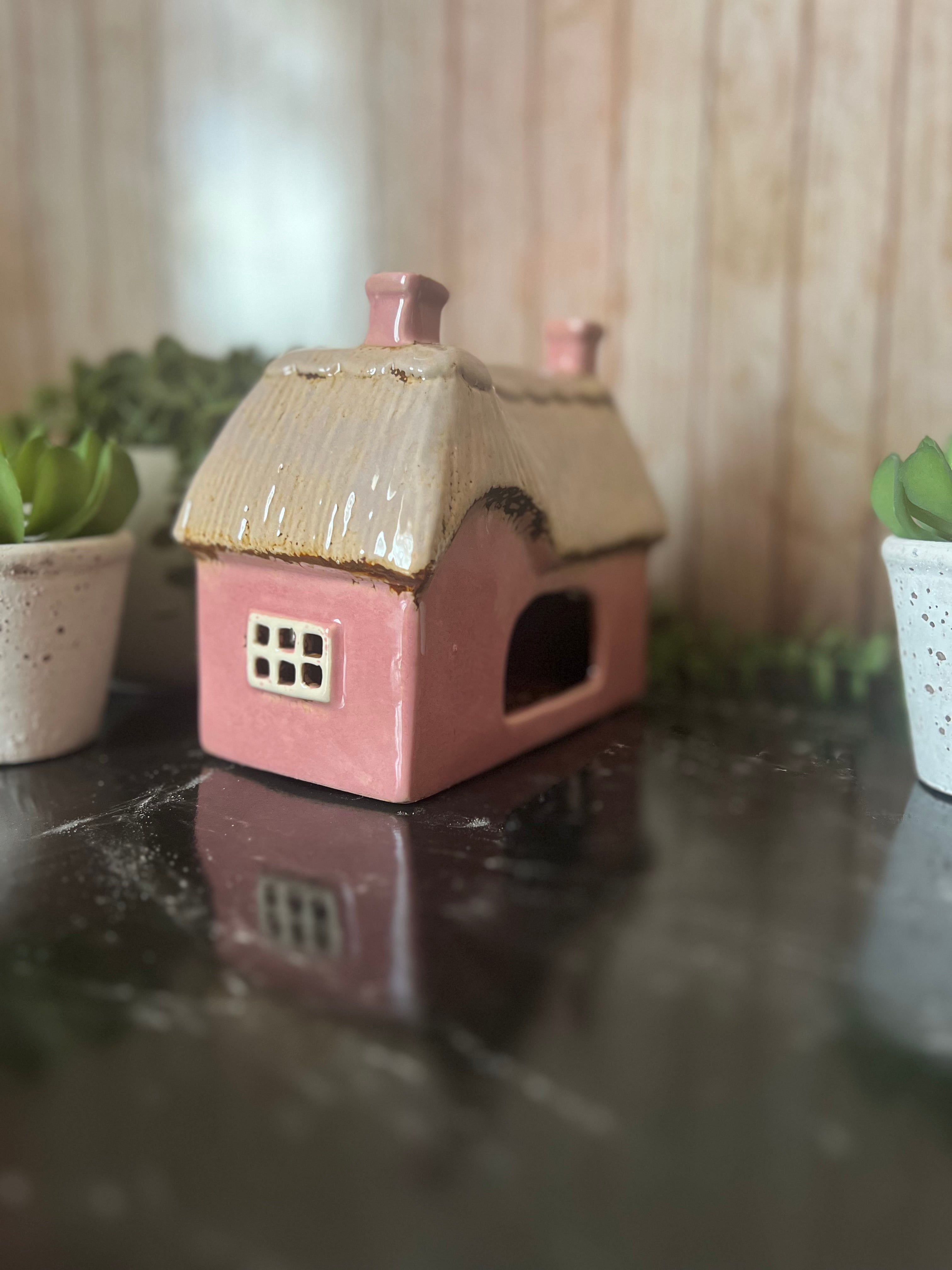 Pink Garden House with Cat at The Front Tea Light Holder