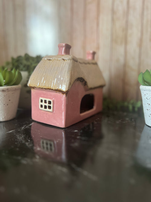 Pink Garden House with Cat at The Front Tea Light Holder