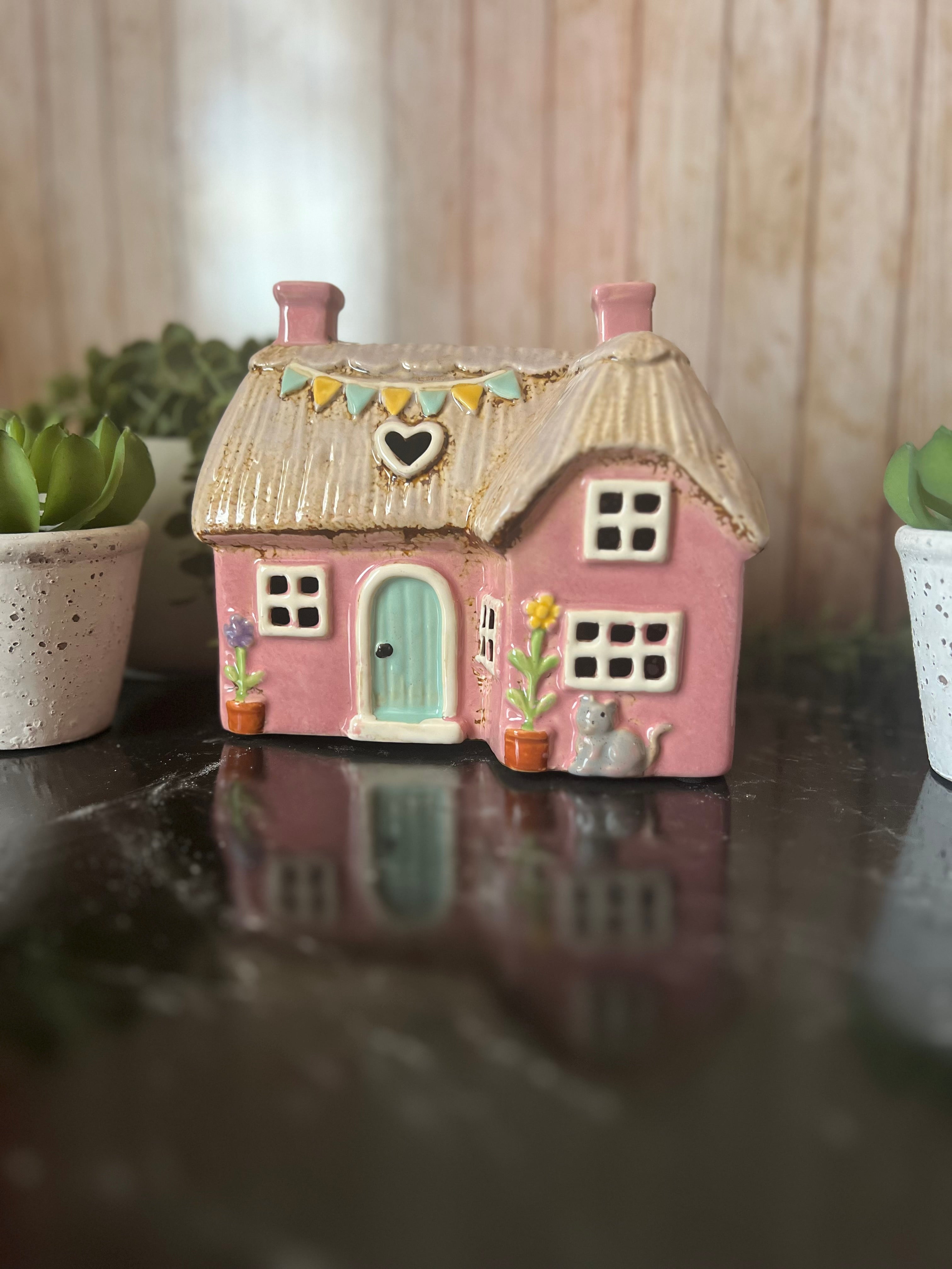 Pink Garden House with Cat at The Front Tea Light Holder