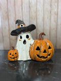 Ghost and Pumpkin Halloween Ceramic Tea Light Holder