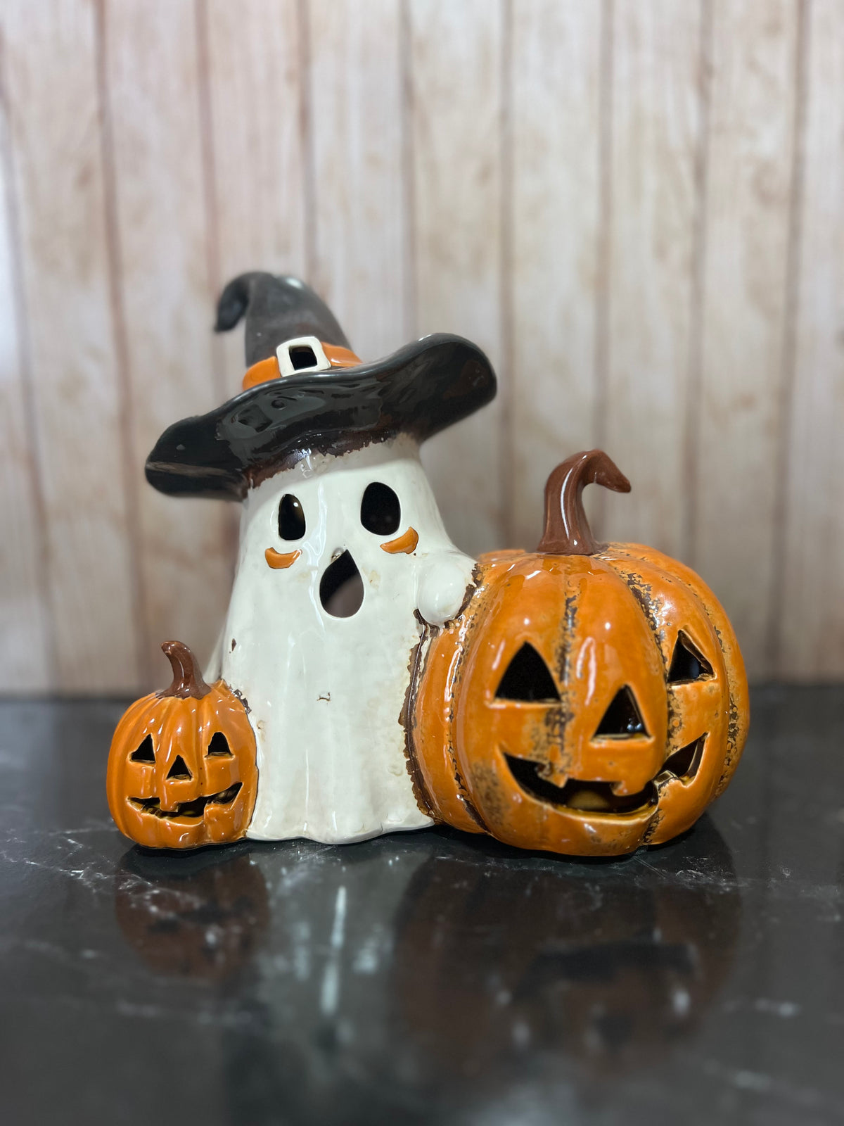 Ghost and Pumpkin Halloween Ceramic Tea Light Holder
