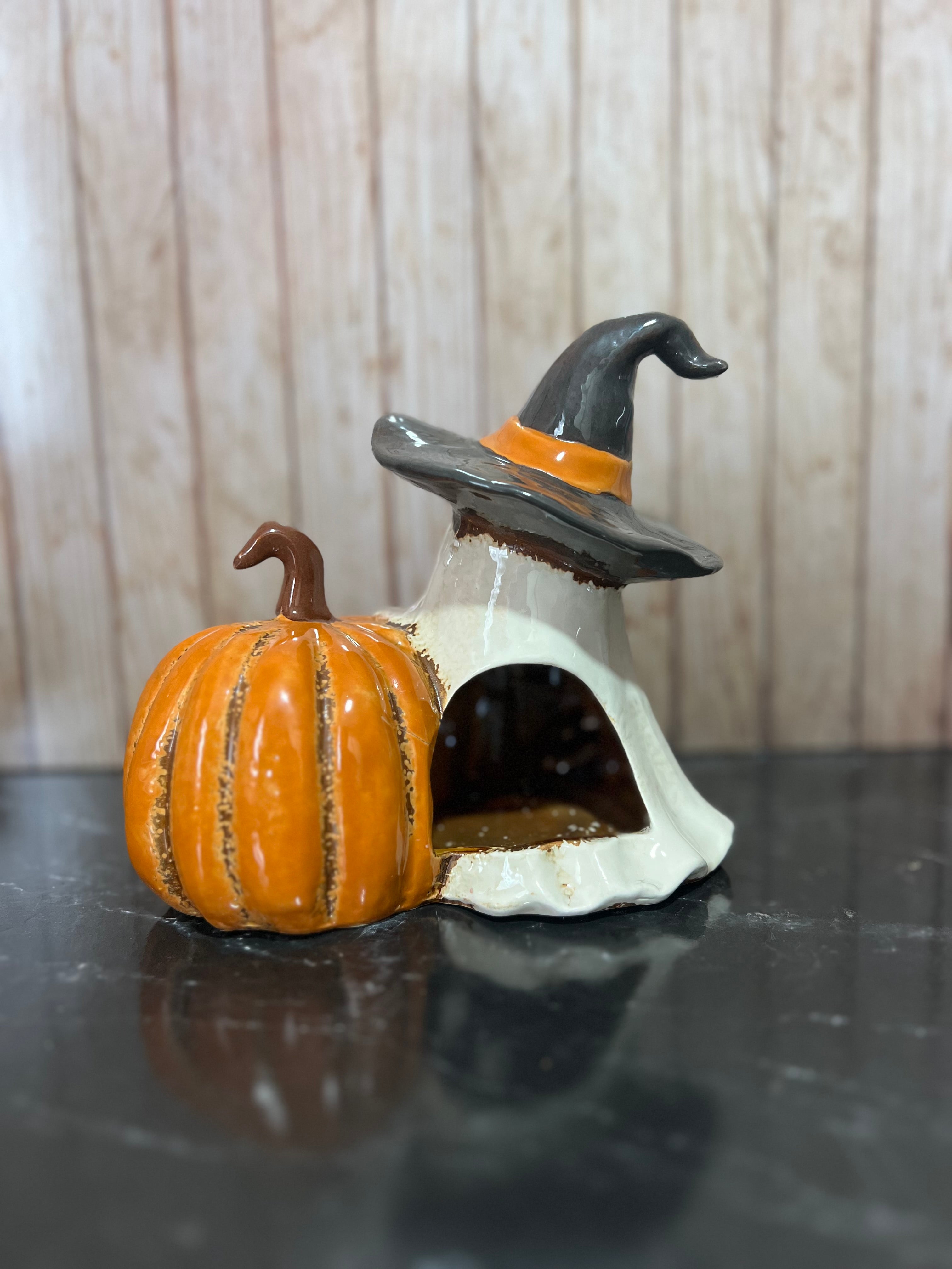 Ghost and Pumpkin Halloween Ceramic Tea Light Holder