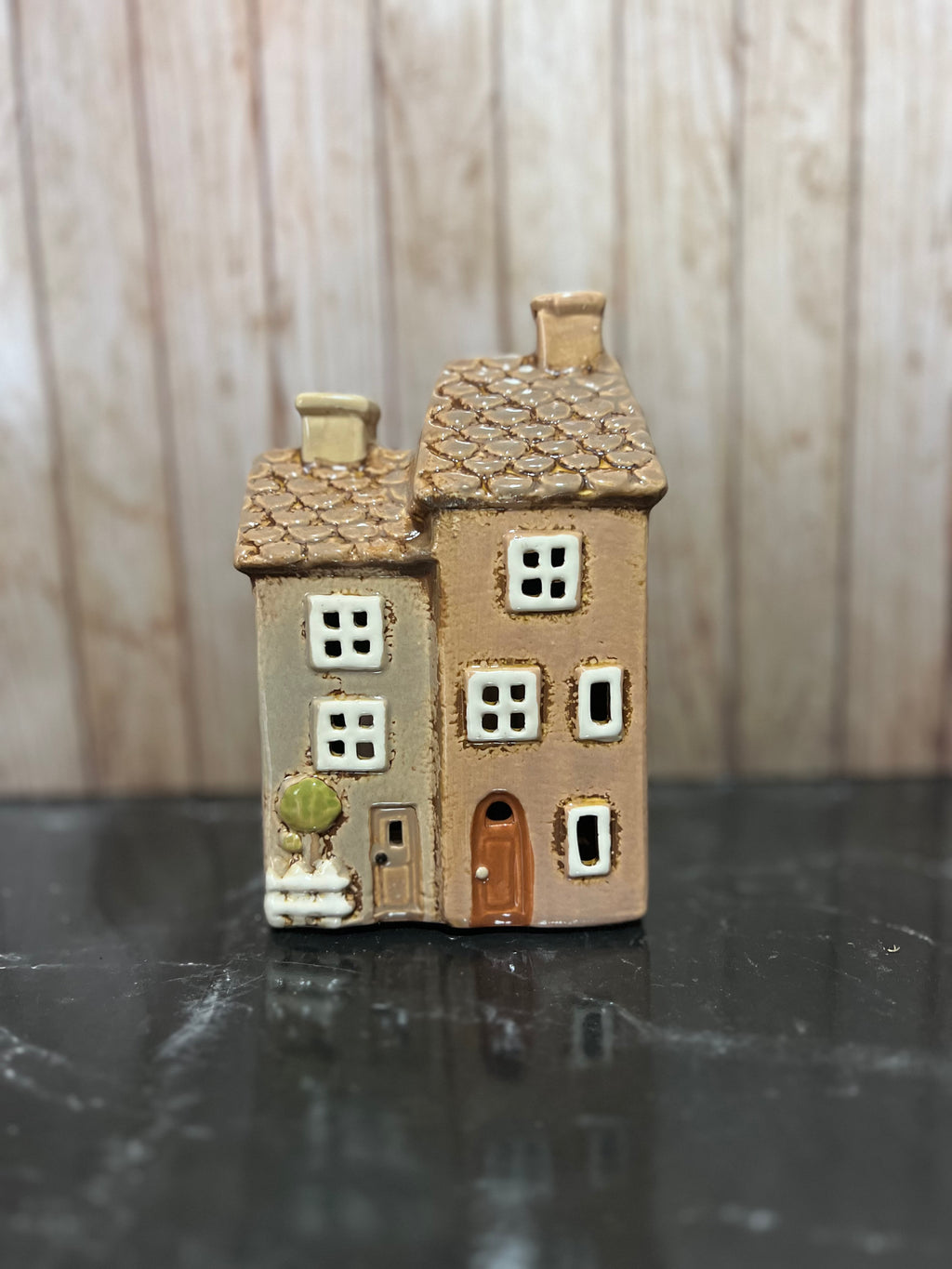Double Brown House Ceramic Tea Light Holder with Tiled Roof