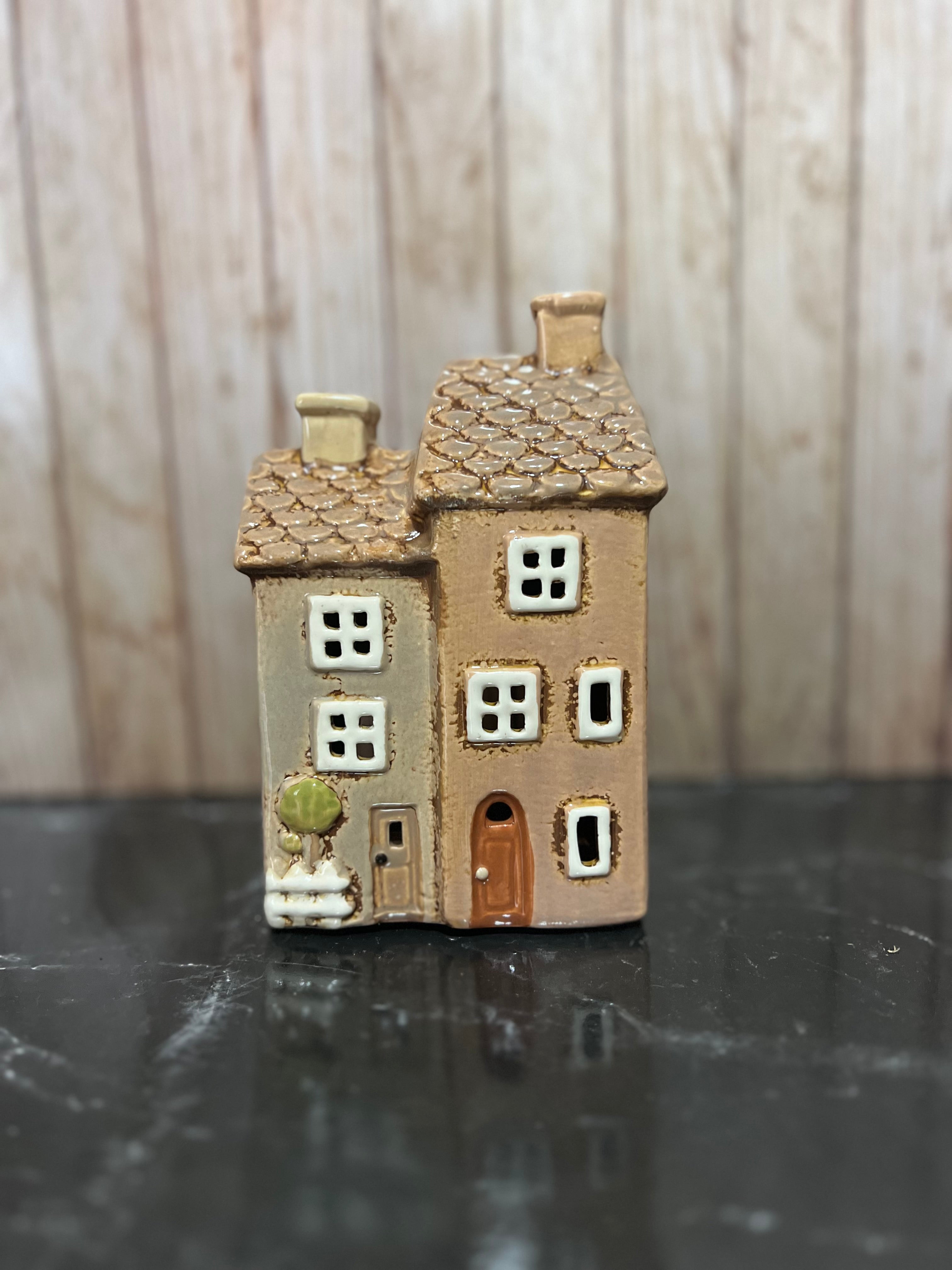 Double Brown House Ceramic Tea Light Holder with Tiled Roof