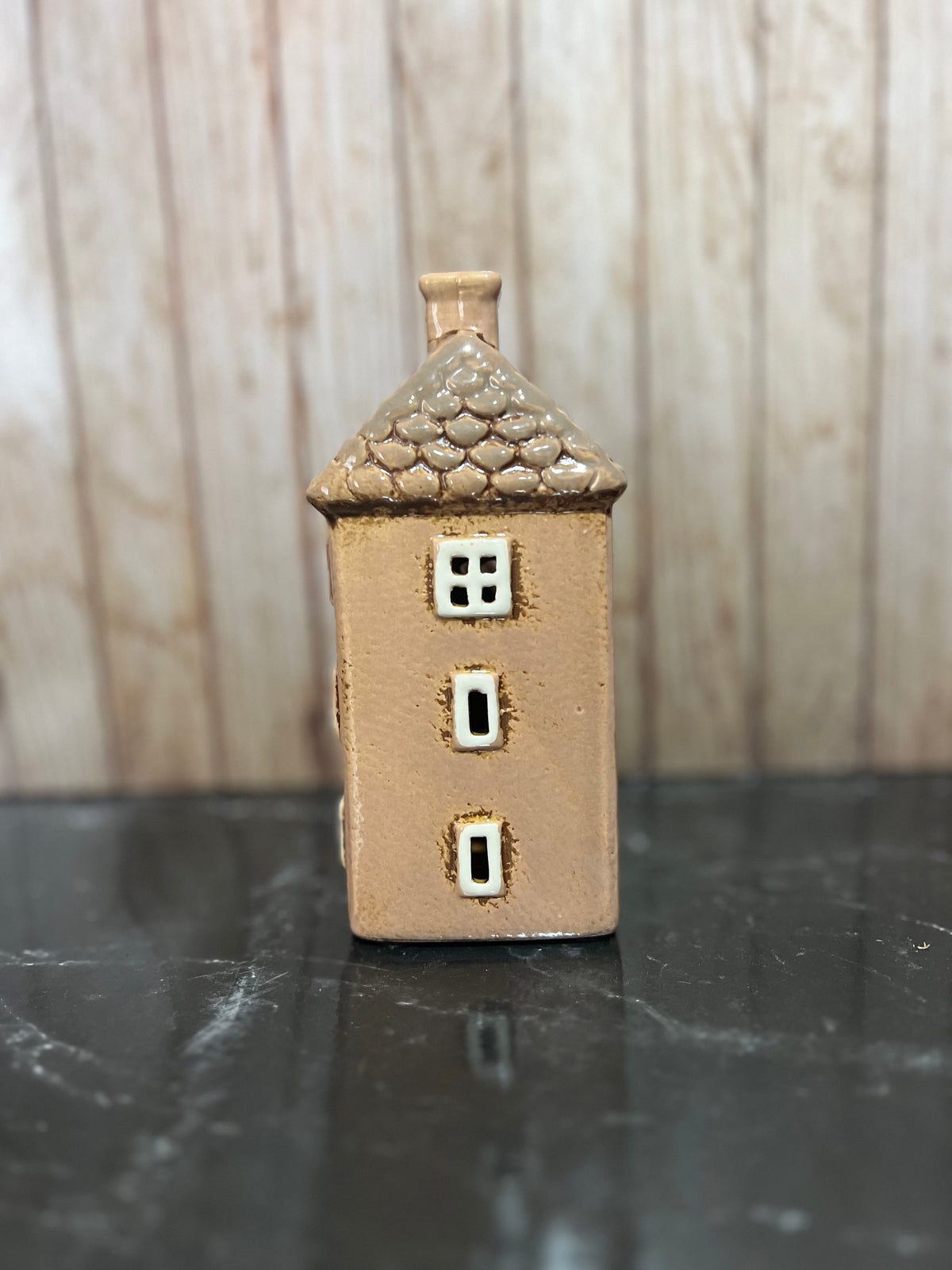 Double Brown House Ceramic Tea Light Holder with Tiled Roof