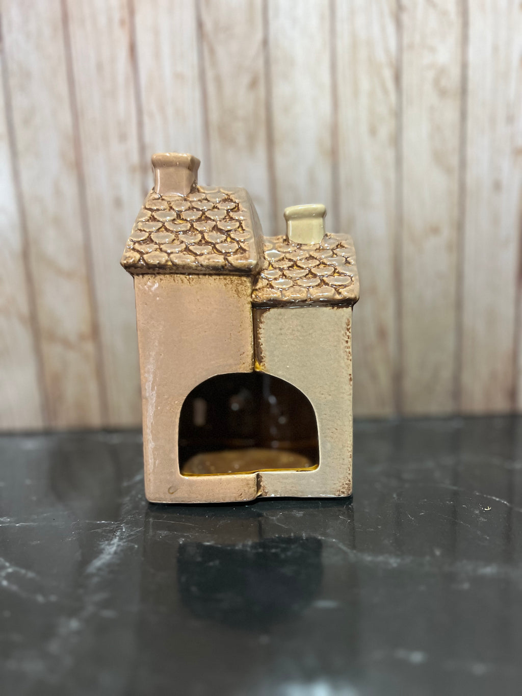 Double Brown House Ceramic Tea Light Holder with Tiled Roof