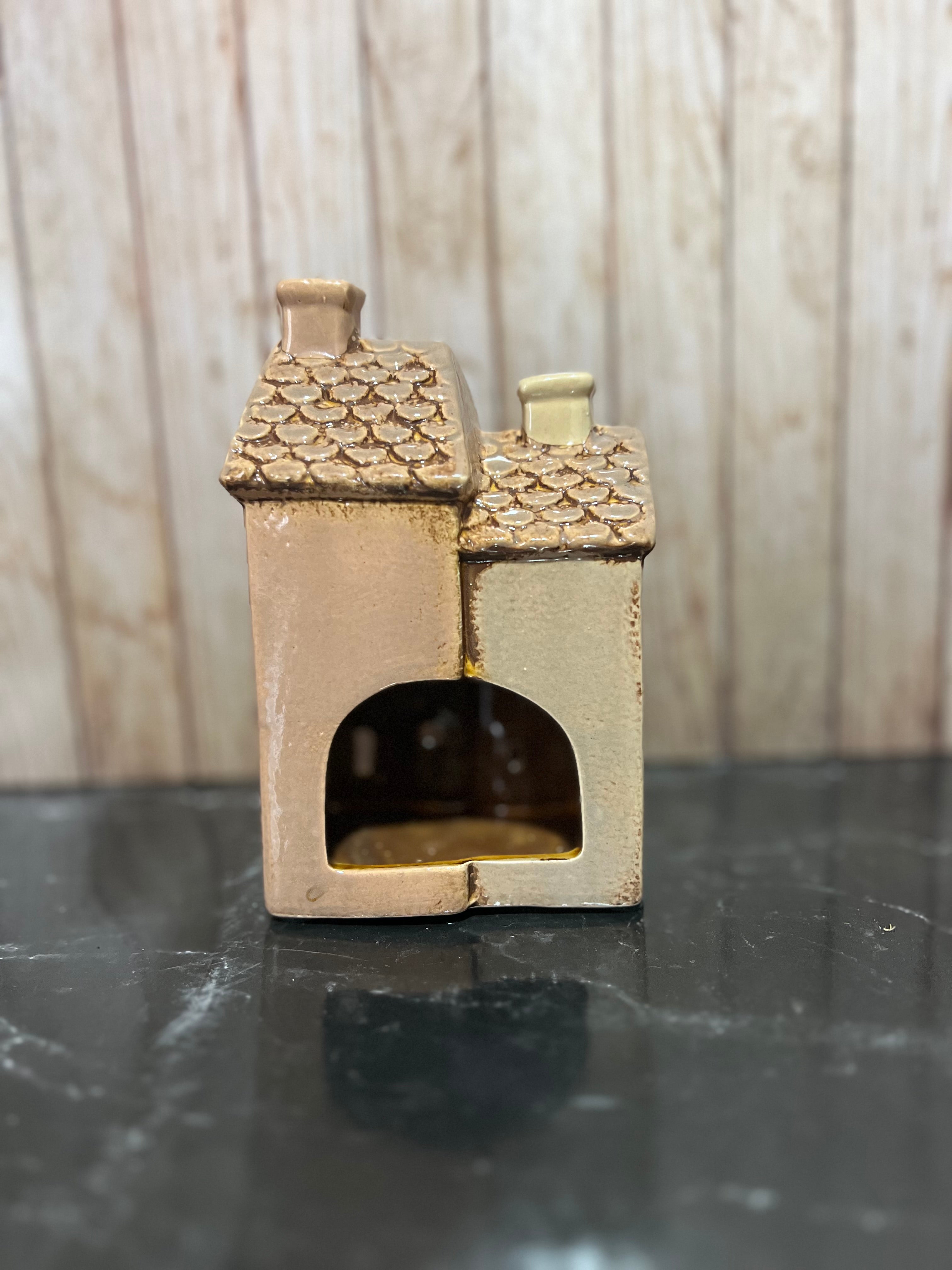 Double Brown House Ceramic Tea Light Holder with Tiled Roof