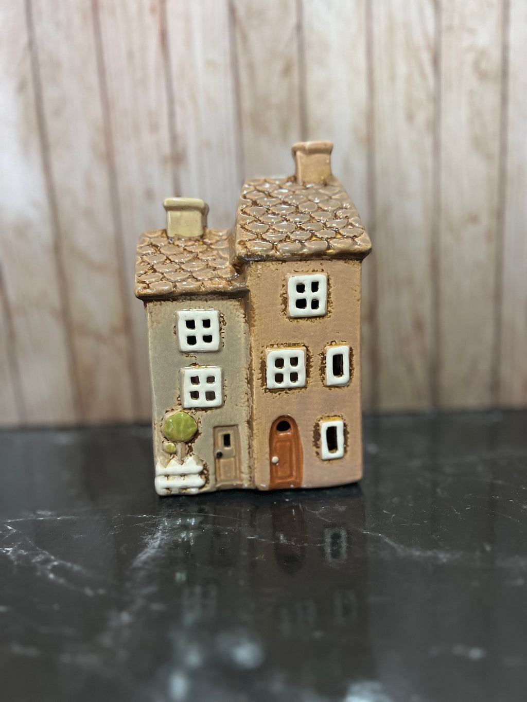 Double Brown House Ceramic Tea Light Holder with Tiled Roof