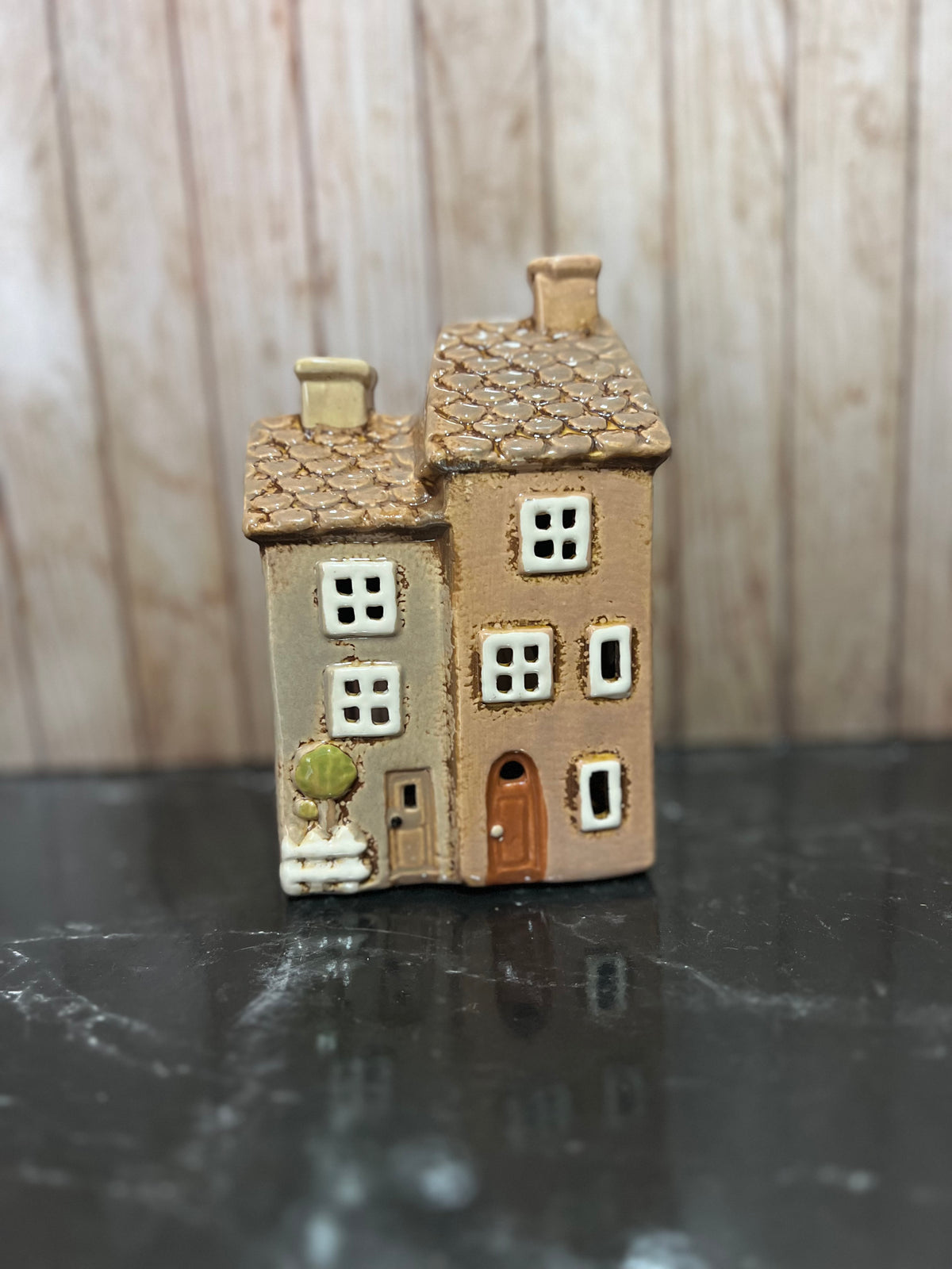 Double Brown House Ceramic Tea Light Holder with Tiled Roof