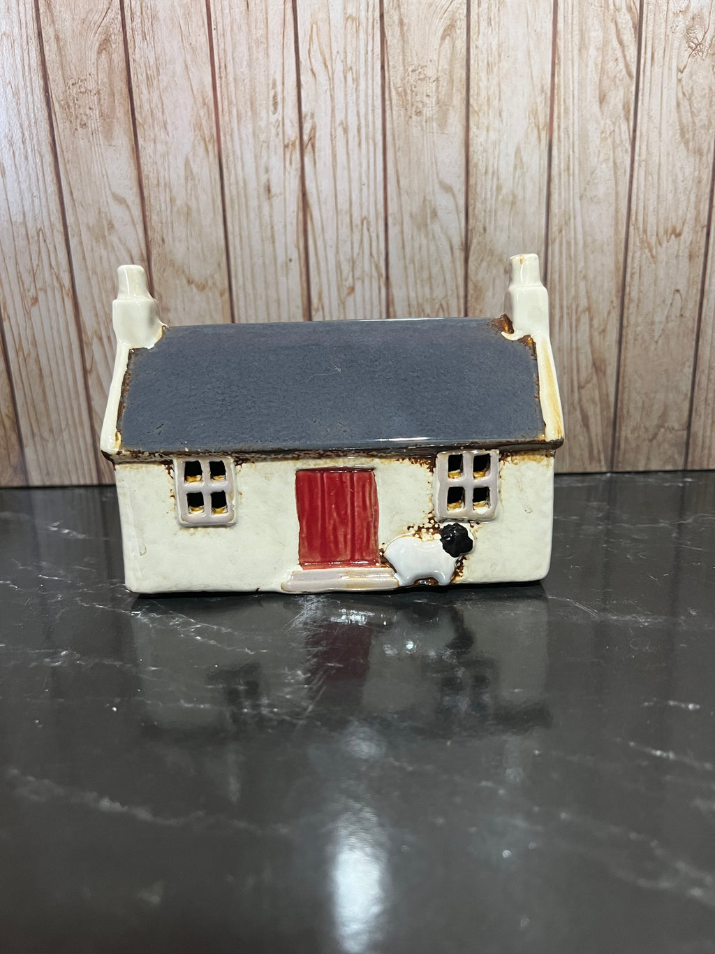 Croft House Navy Roof with Red Door and Sheep waiting Patiently 15cm W x 8cm D x 11cm H