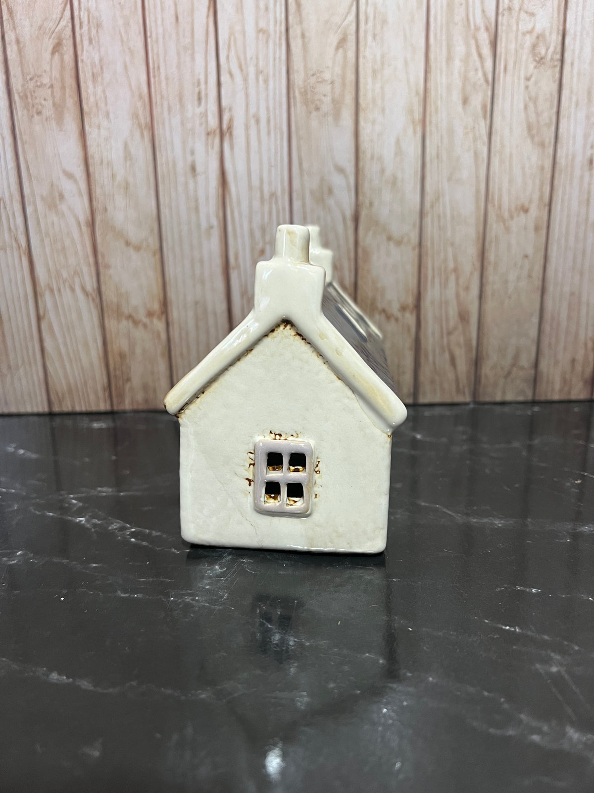 Croft House Navy Roof with Red Door and Sheep waiting Patiently 15cm W x 8cm D x 11cm H
