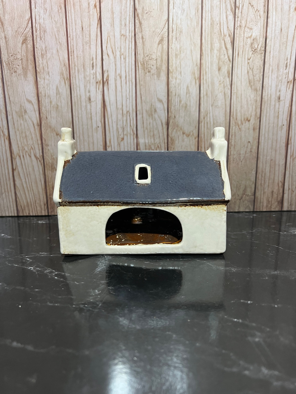 Croft House Navy Roof with Red Door and Sheep waiting Patiently 15cm W x 8cm D x 11cm H