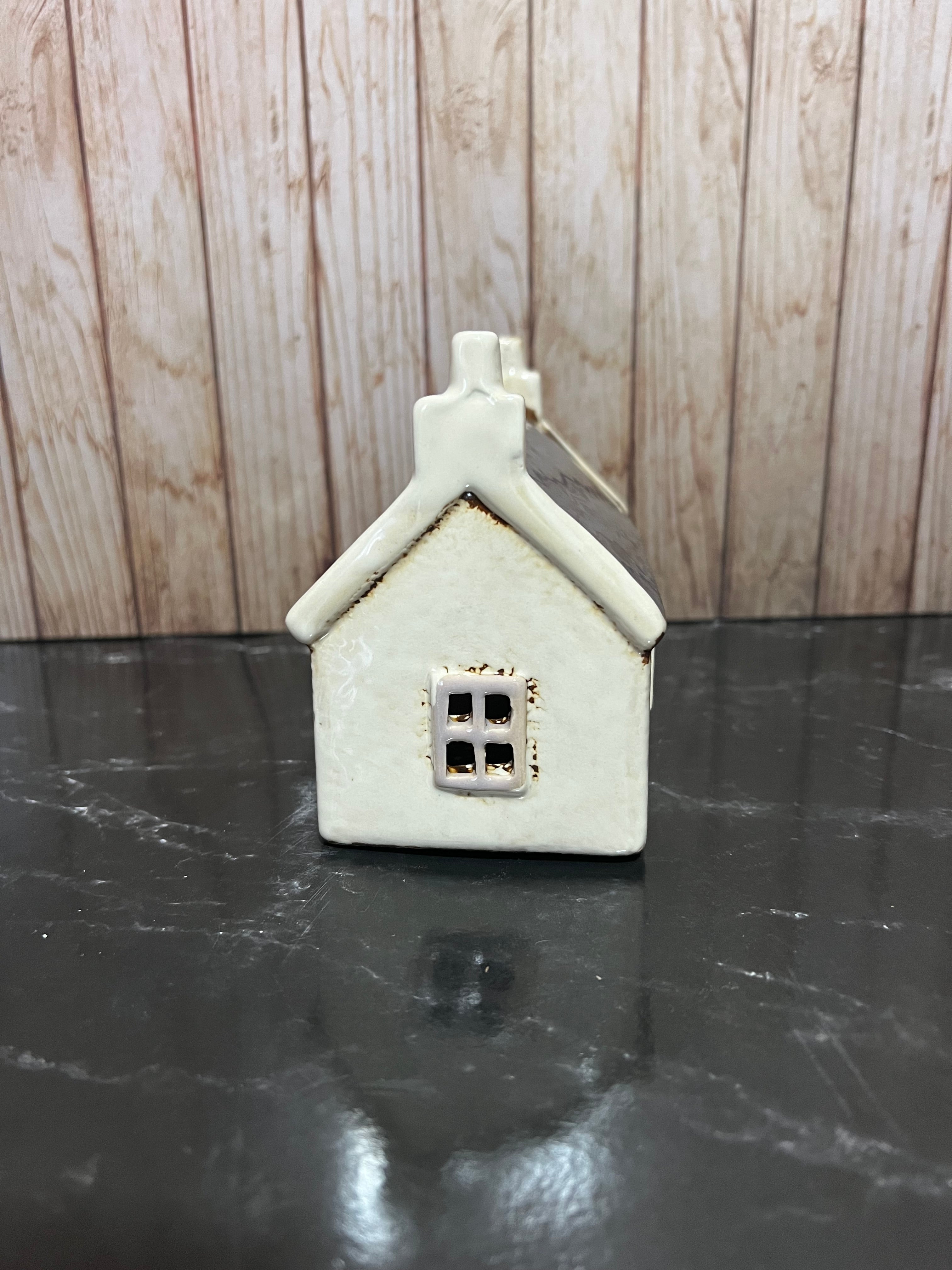 Croft House Navy Roof with Red Door and Sheep waiting Patiently 15cm W x 8cm D x 11cm H