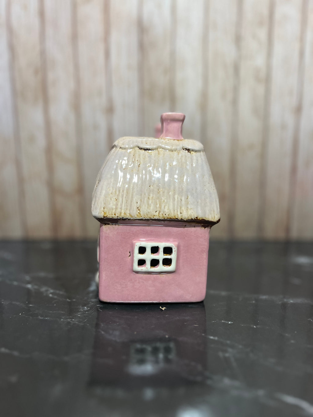 Pink Thatched Cottage Tea Light Holder with Cat and Bunting