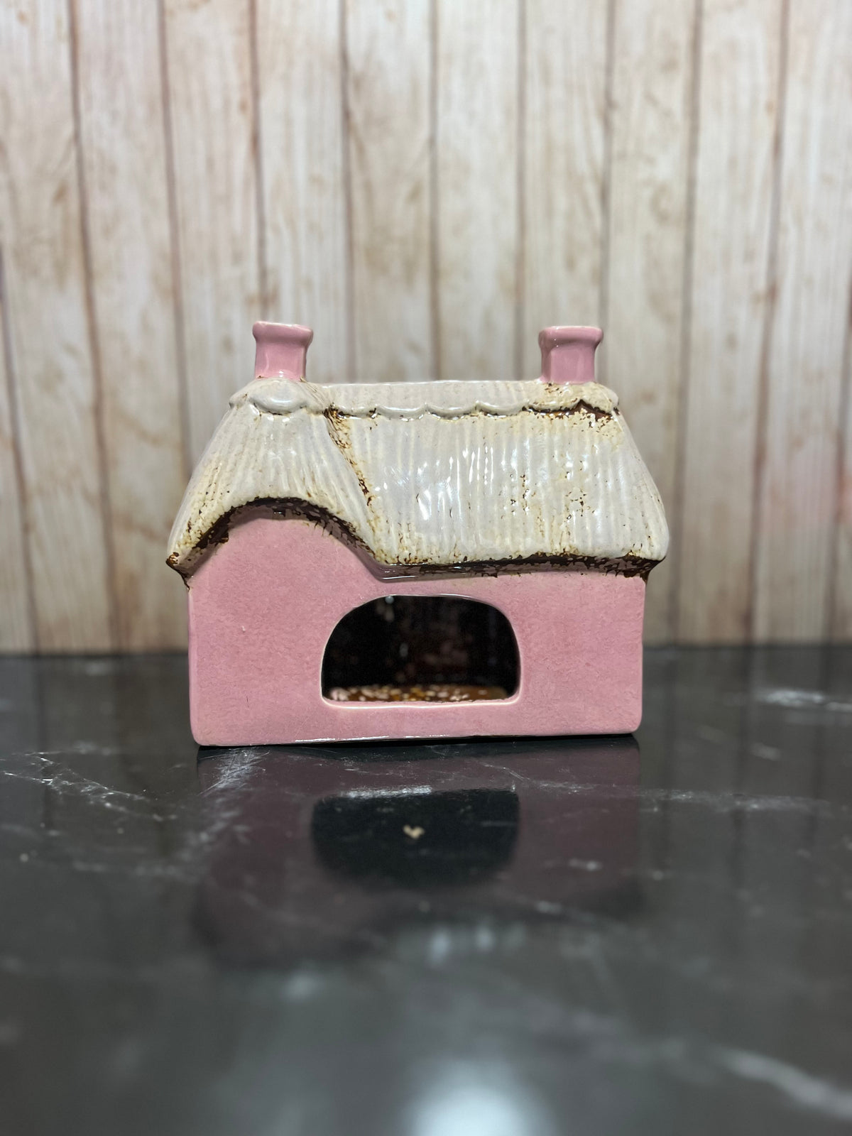Pink Thatched Cottage Tea Light Holder with Cat and Bunting