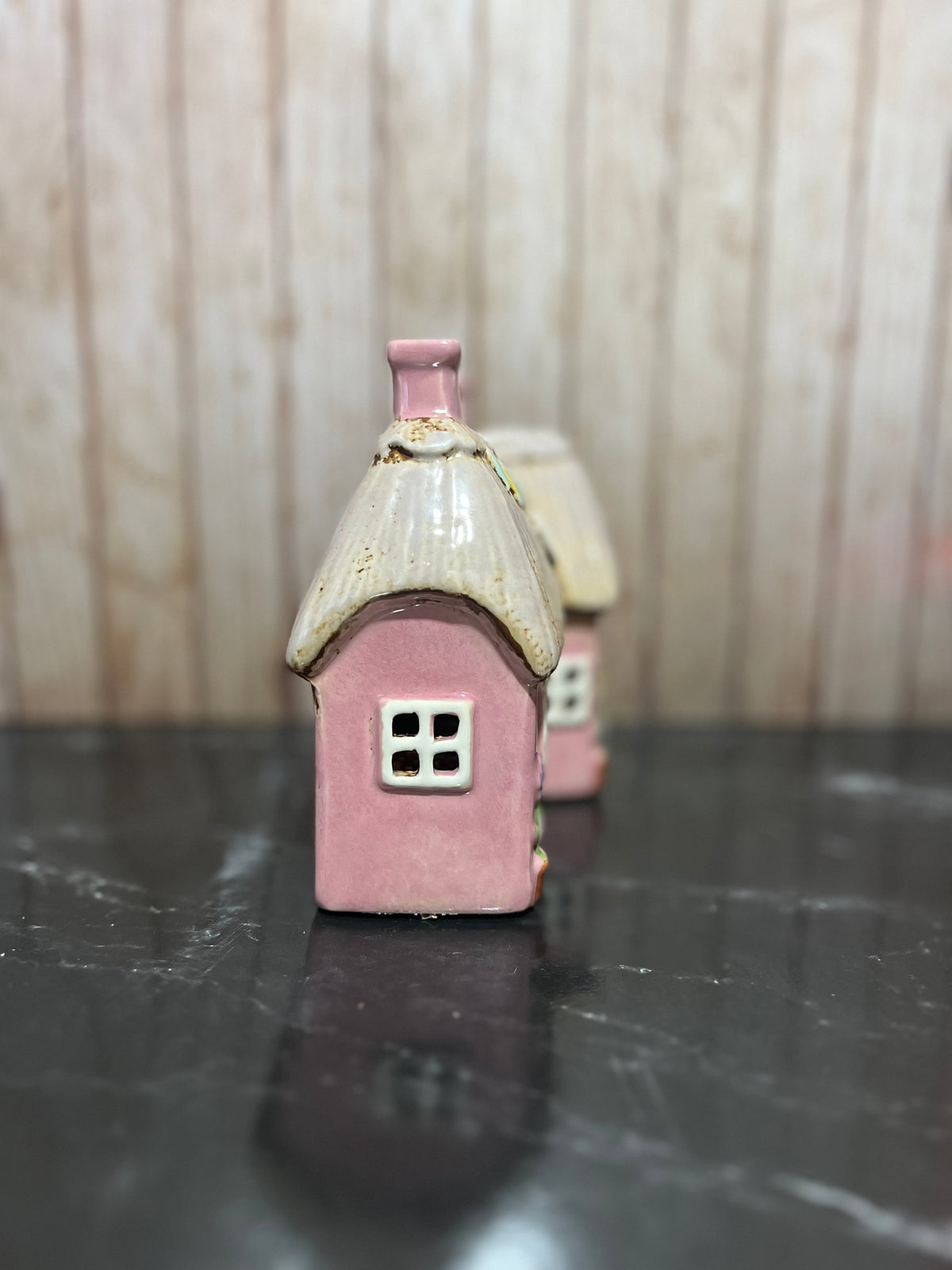 Pink Thatched Cottage Tea Light Holder with Cat and Bunting