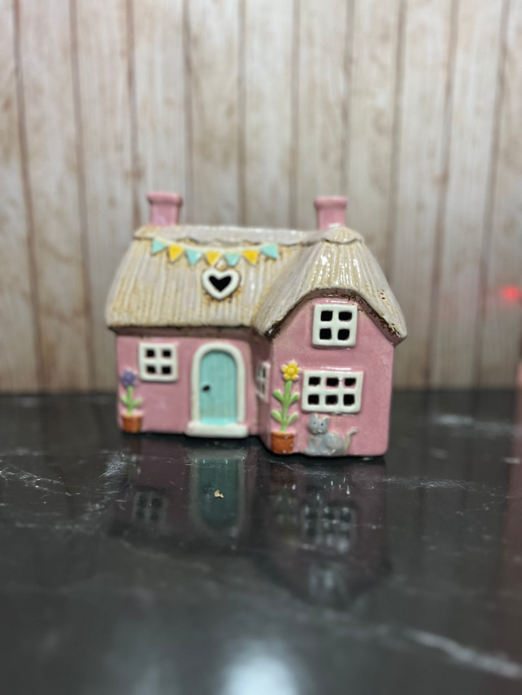 Pink Thatched Cottage Tea Light Holder with Cat and Bunting