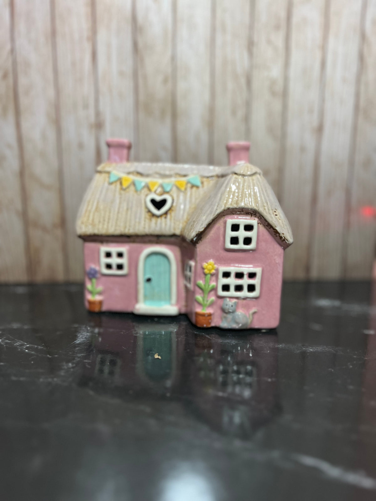 Pink Thatched Cottage Tea Light Holder with Cat and Bunting