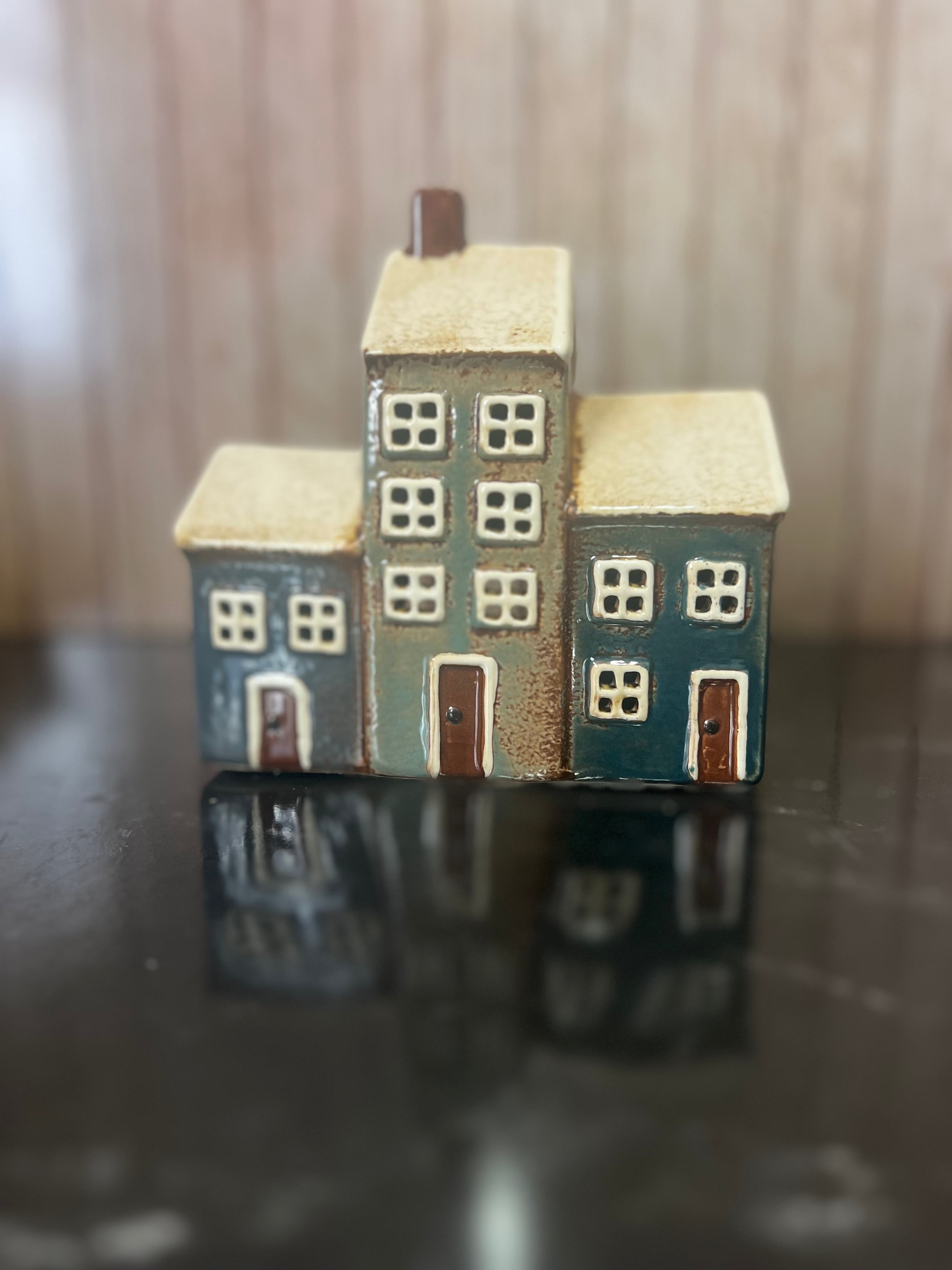 3 in Row of Houses Ceramic Tea Light Holder a Lovely Detailed Gift 16cm W x 7cm D x 15cm H