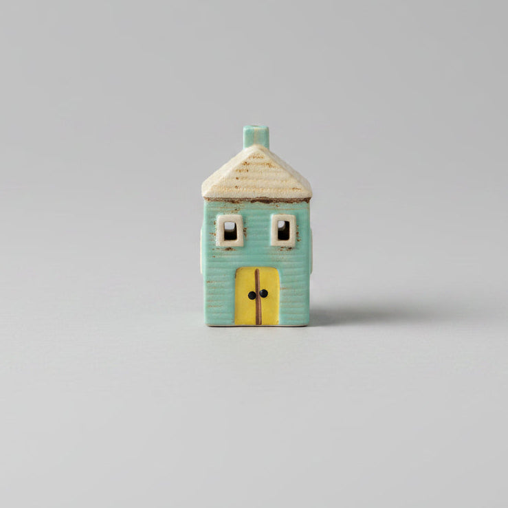 Blue House Ceramic Pottery Tea Light Holder7cm W x 7cm D x 12cm H