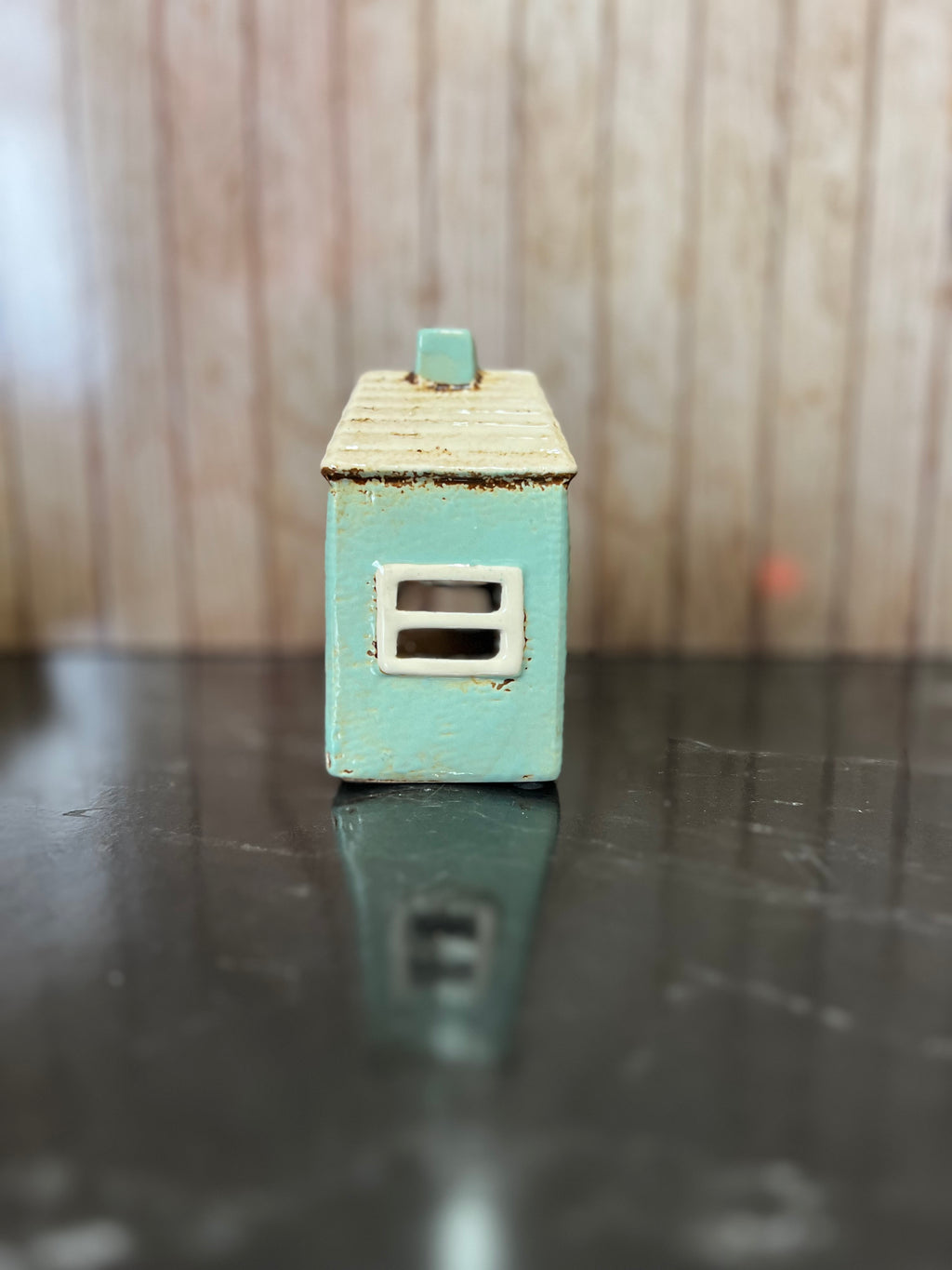 Blue House Ceramic Pottery Tea Light Holder7cm W x 7cm D x 12cm H