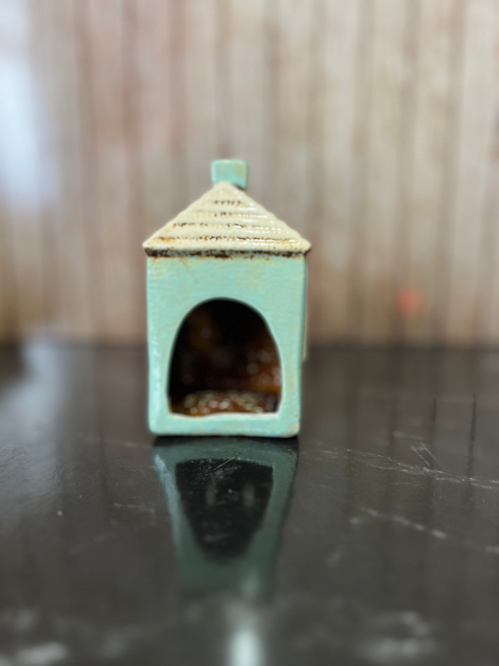 Blue House Ceramic Pottery Tea Light Holder7cm W x 7cm D x 12cm H