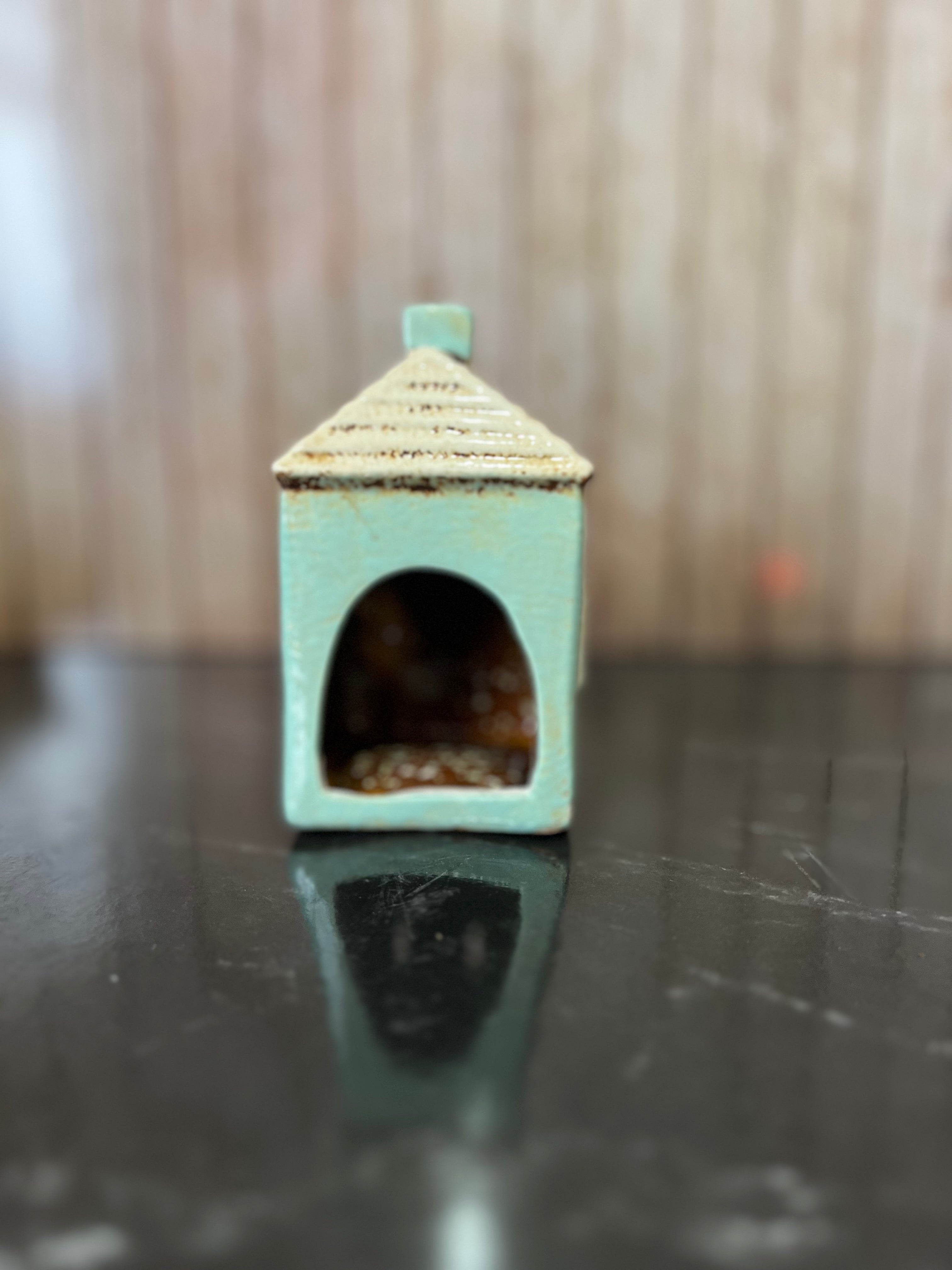 Blue House Ceramic Pottery Tea Light Holder7cm W x 7cm D x 12cm H