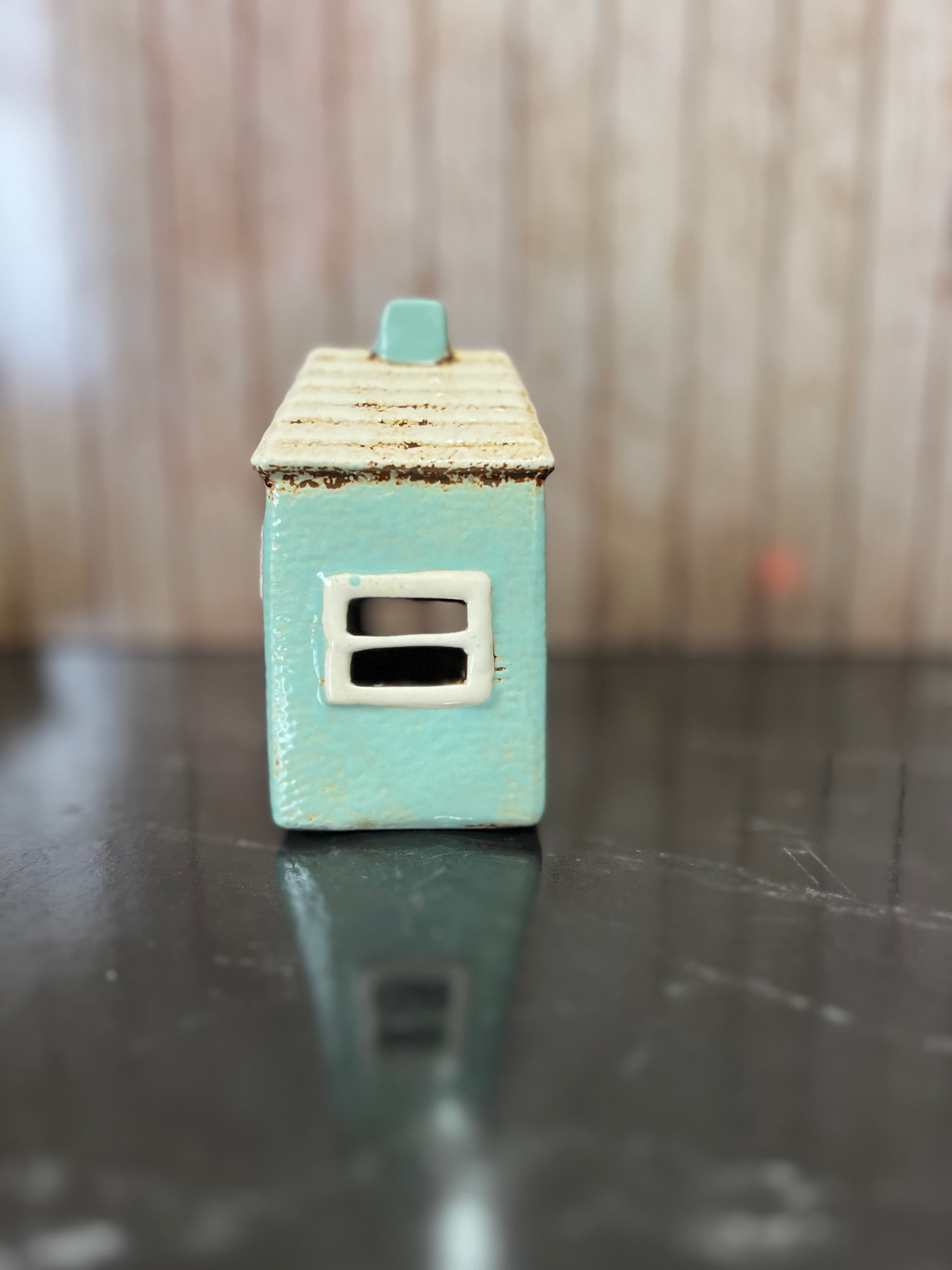 Blue House Ceramic Pottery Tea Light Holder7cm W x 7cm D x 12cm H