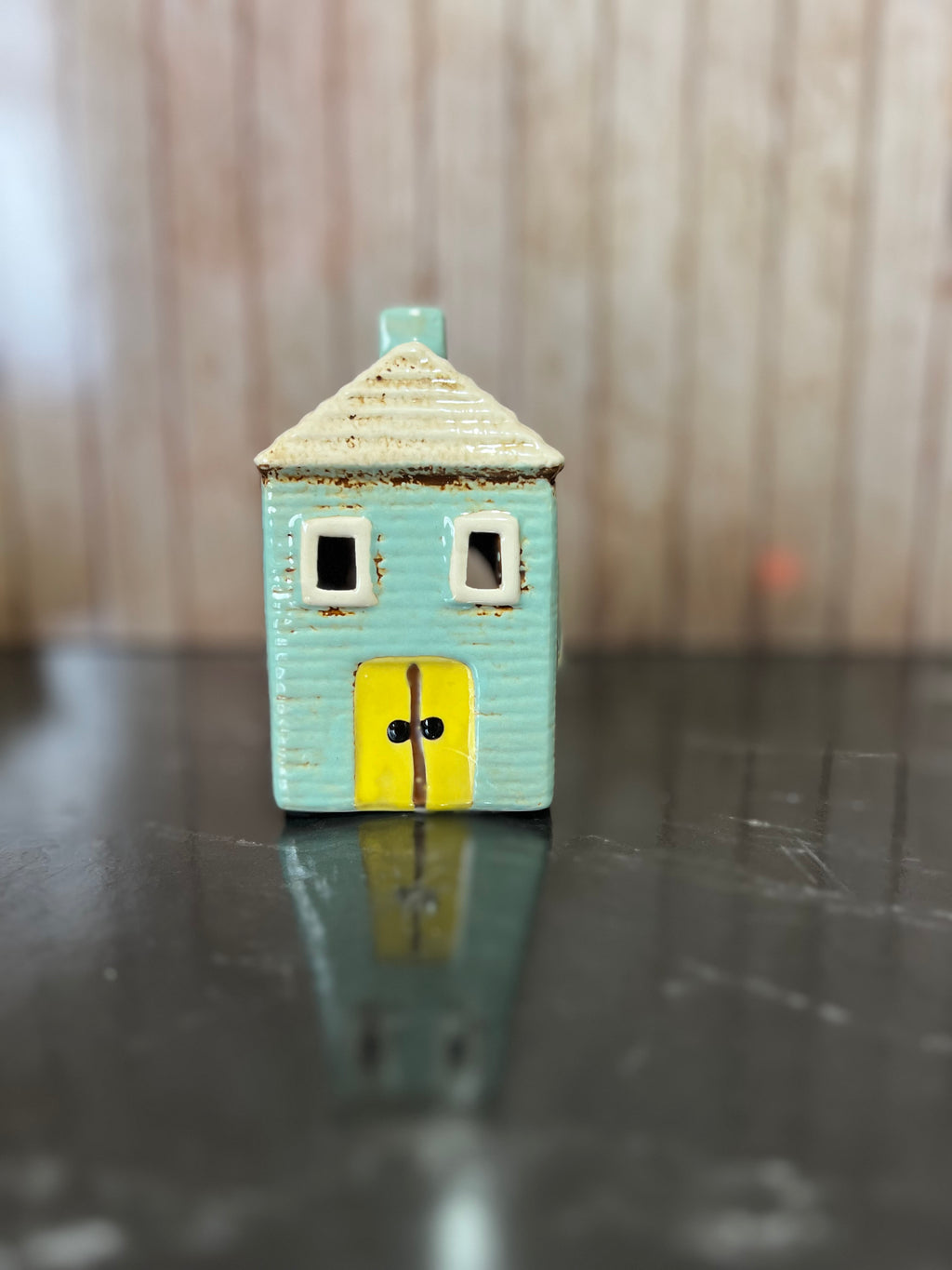Blue House Ceramic Pottery Tea Light Holder7cm W x 7cm D x 12cm H