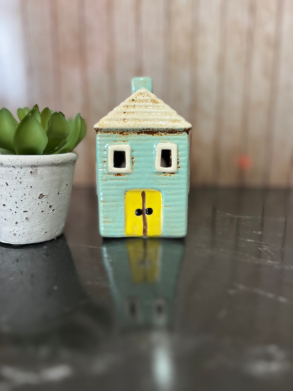 Blue House Ceramic Pottery Tea Light Holder7cm W x 7cm D x 12cm H
