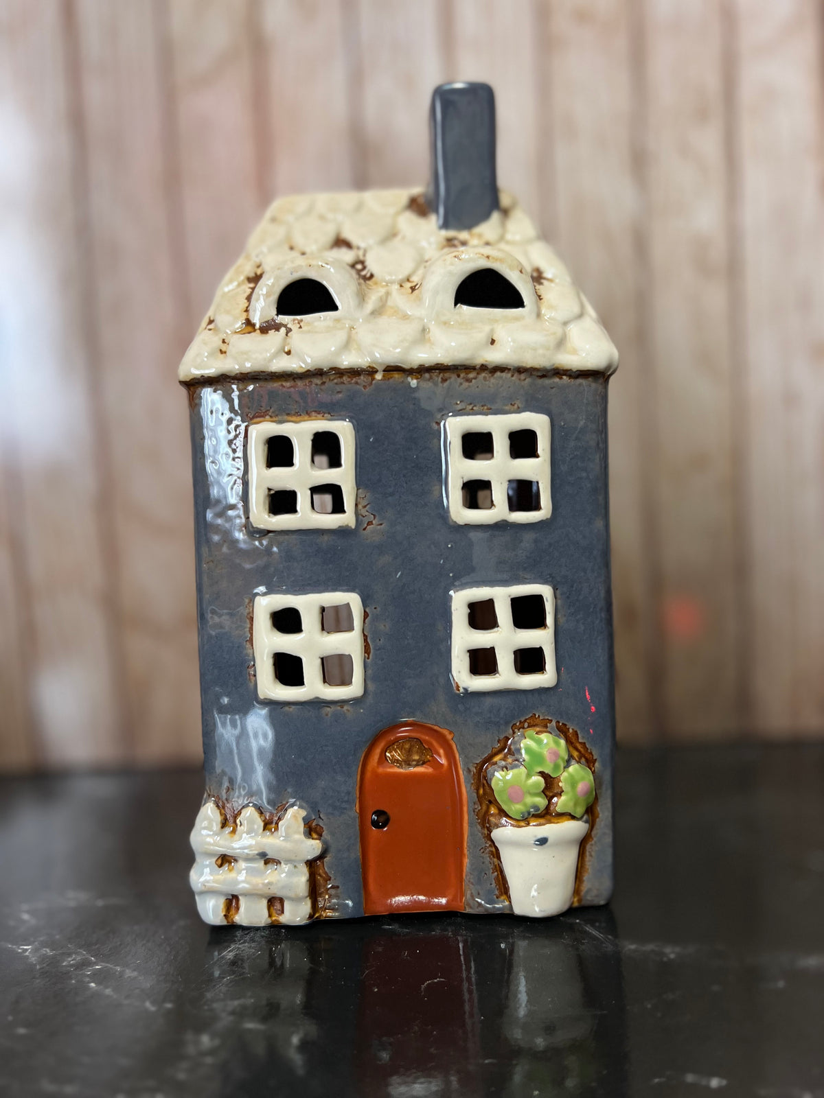 Navy Garden House Ceramic Tea Light Holder with Picket Fence