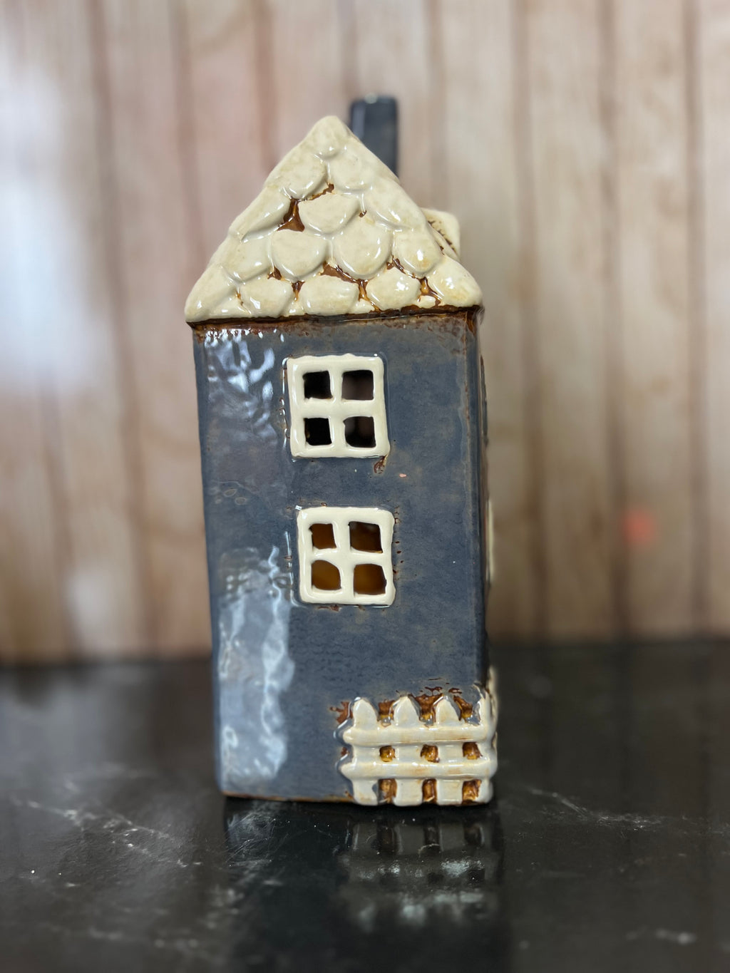 Navy Garden House Ceramic Tea Light Holder with Picket Fence