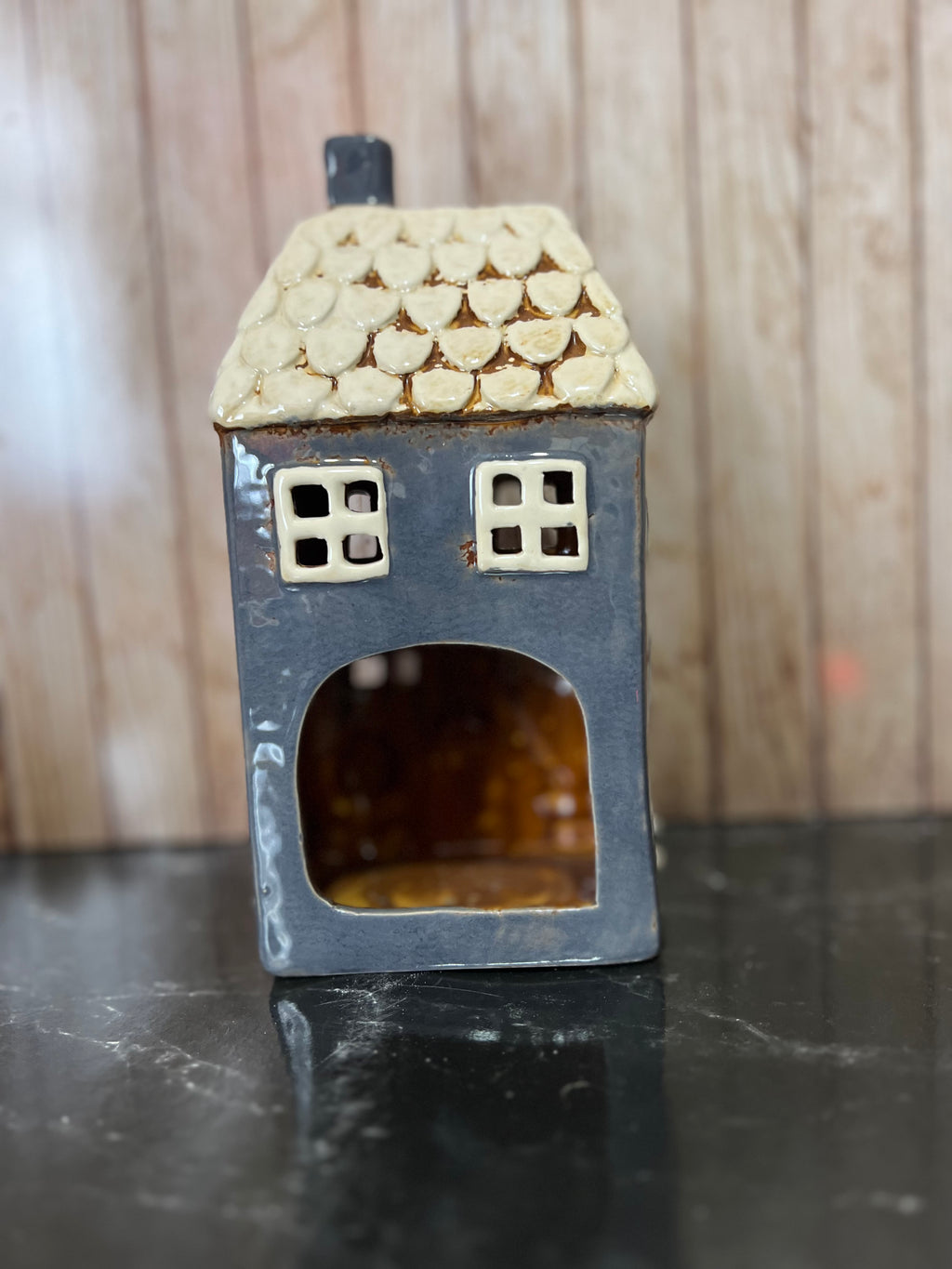 Navy Garden House Ceramic Tea Light Holder with Picket Fence