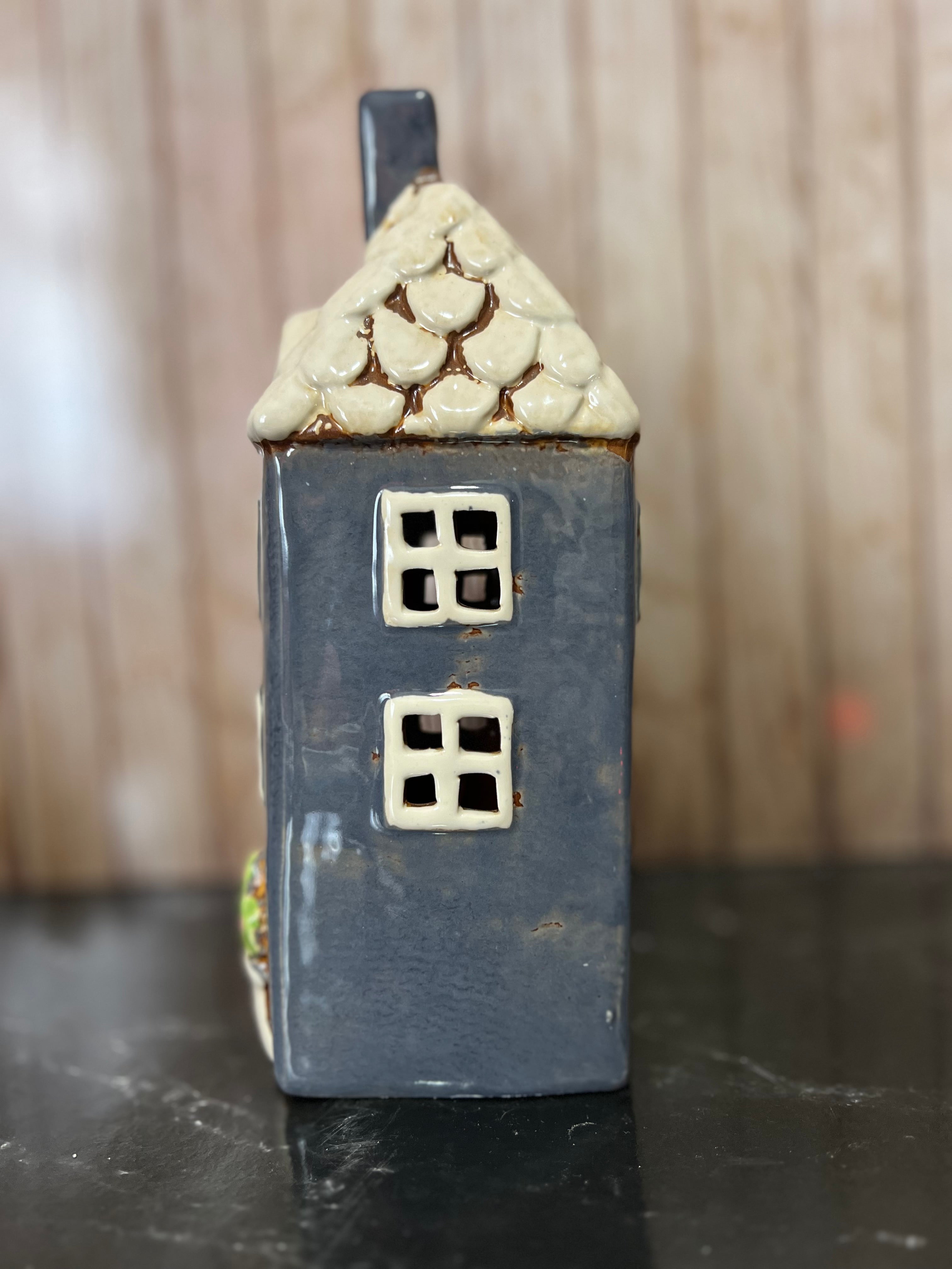 Navy Garden House Ceramic Tea Light Holder with Picket Fence