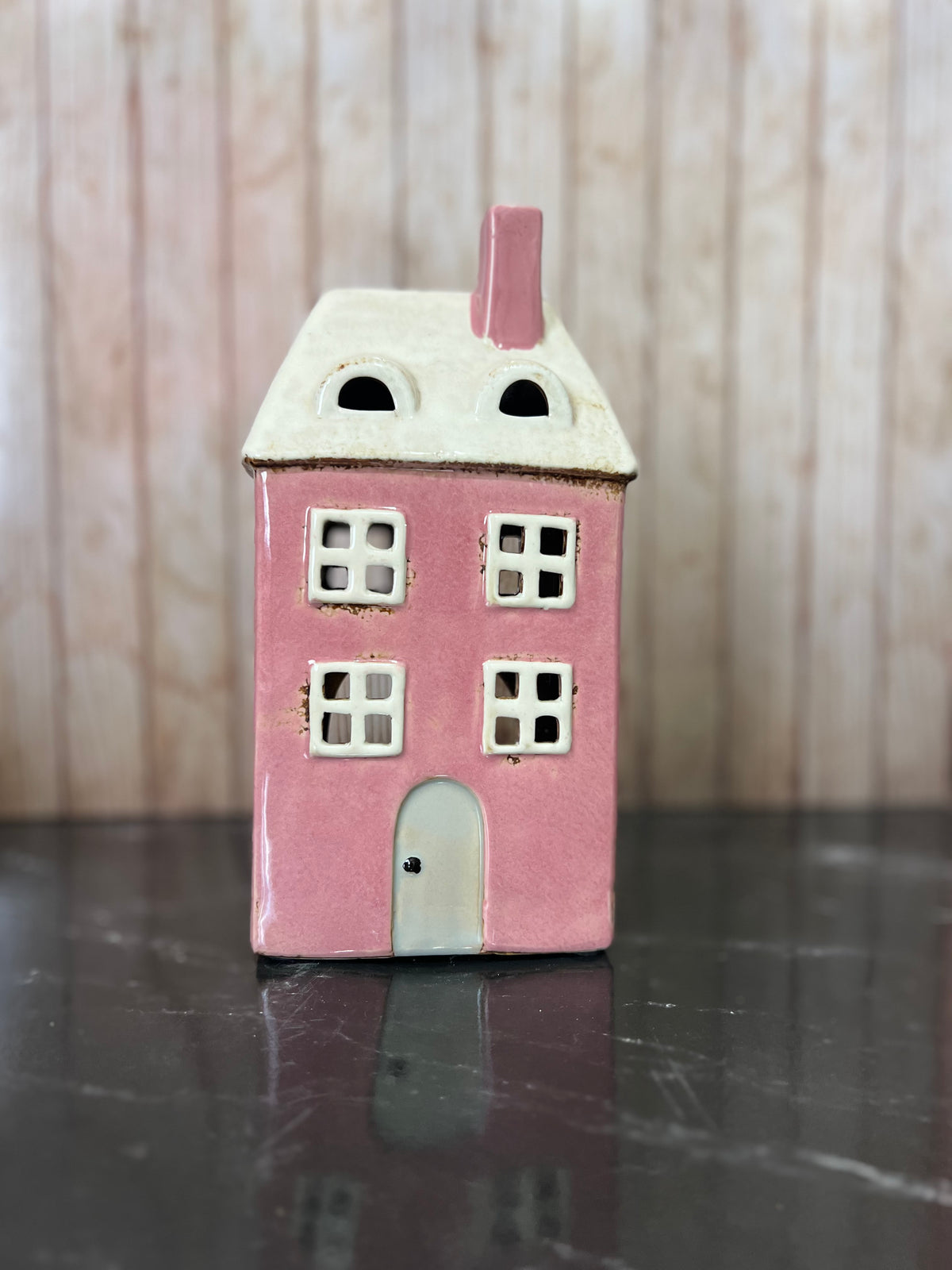 Tall Pink House Ceramic Tea Light Holder with Dormers