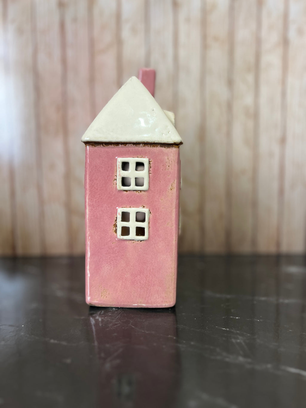 Tall Pink House Ceramic Tea Light Holder with Dormers