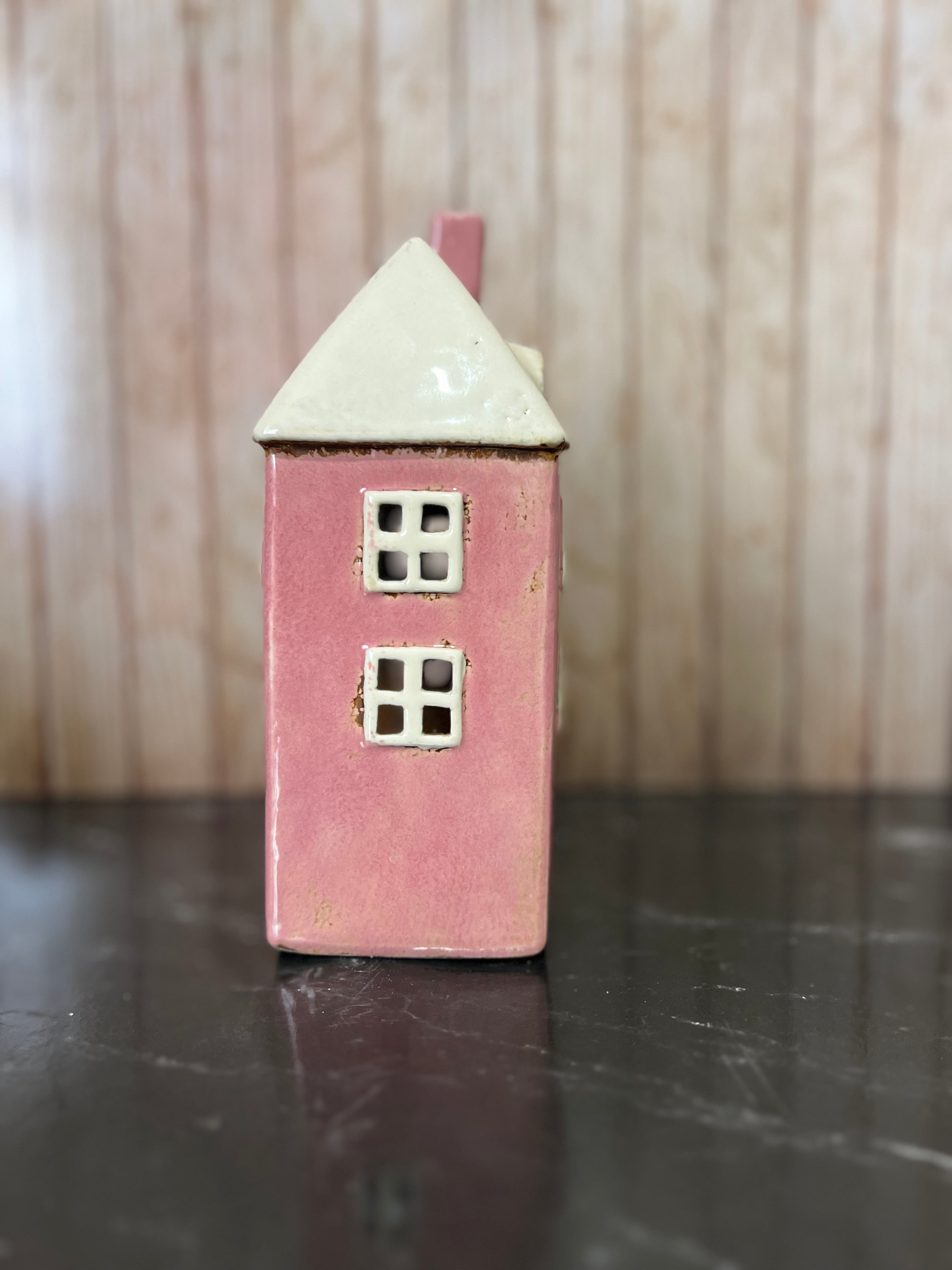 Tall Pink House Ceramic Tea Light Holder with Dormers