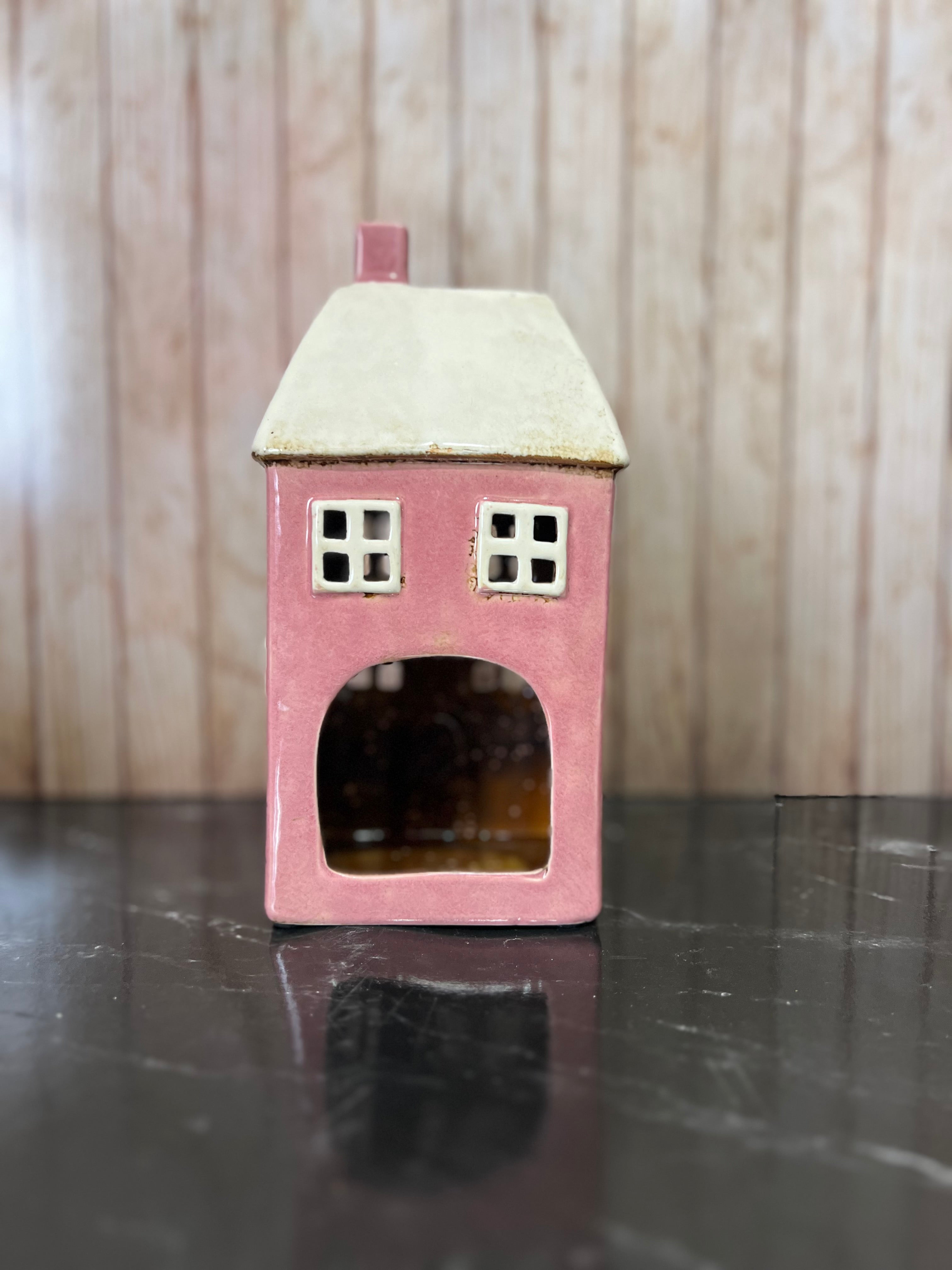 Tall Pink House Ceramic Tea Light Holder with Dormers