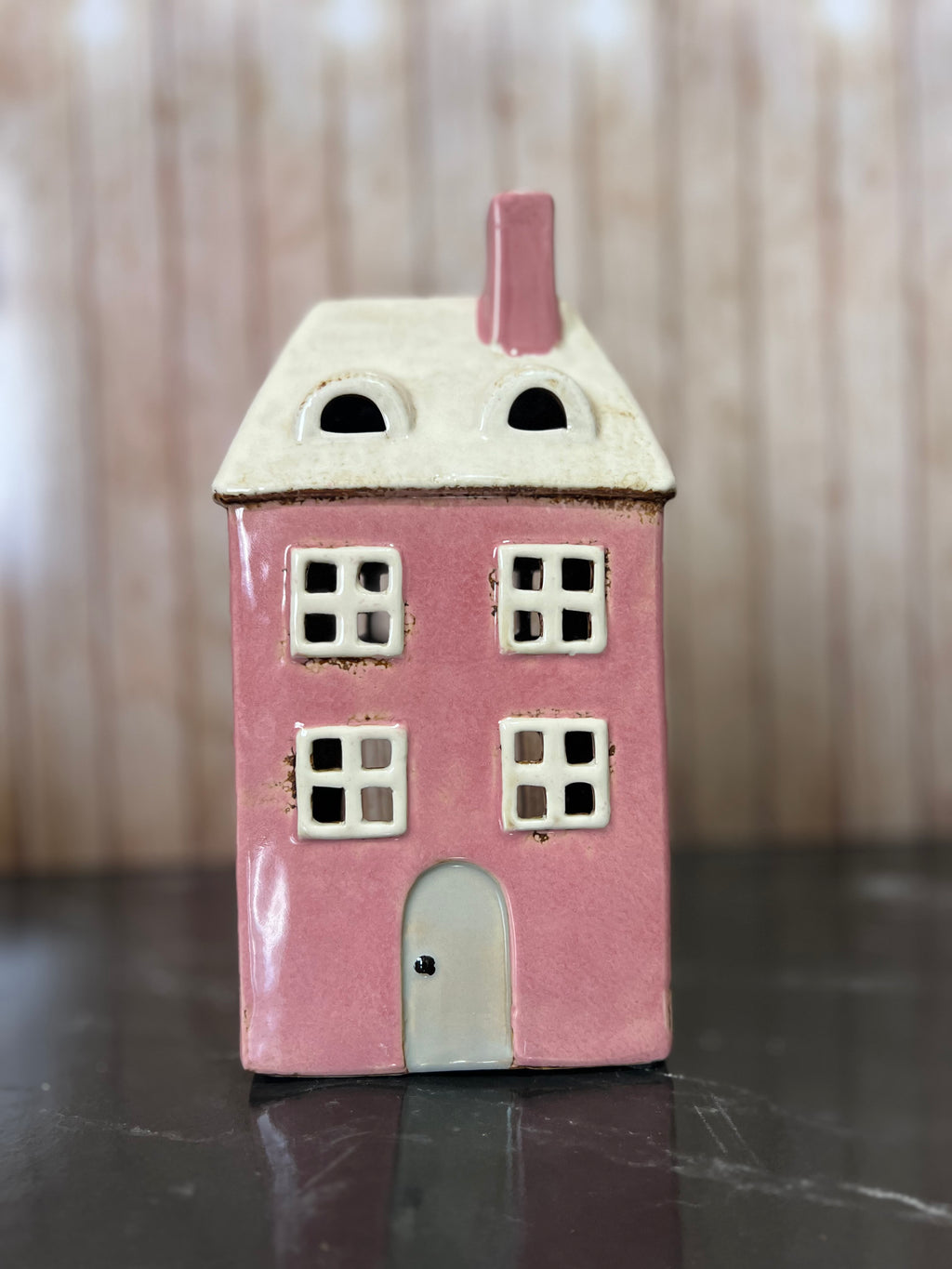 Tall Pink House Ceramic Tea Light Holder with Dormers
