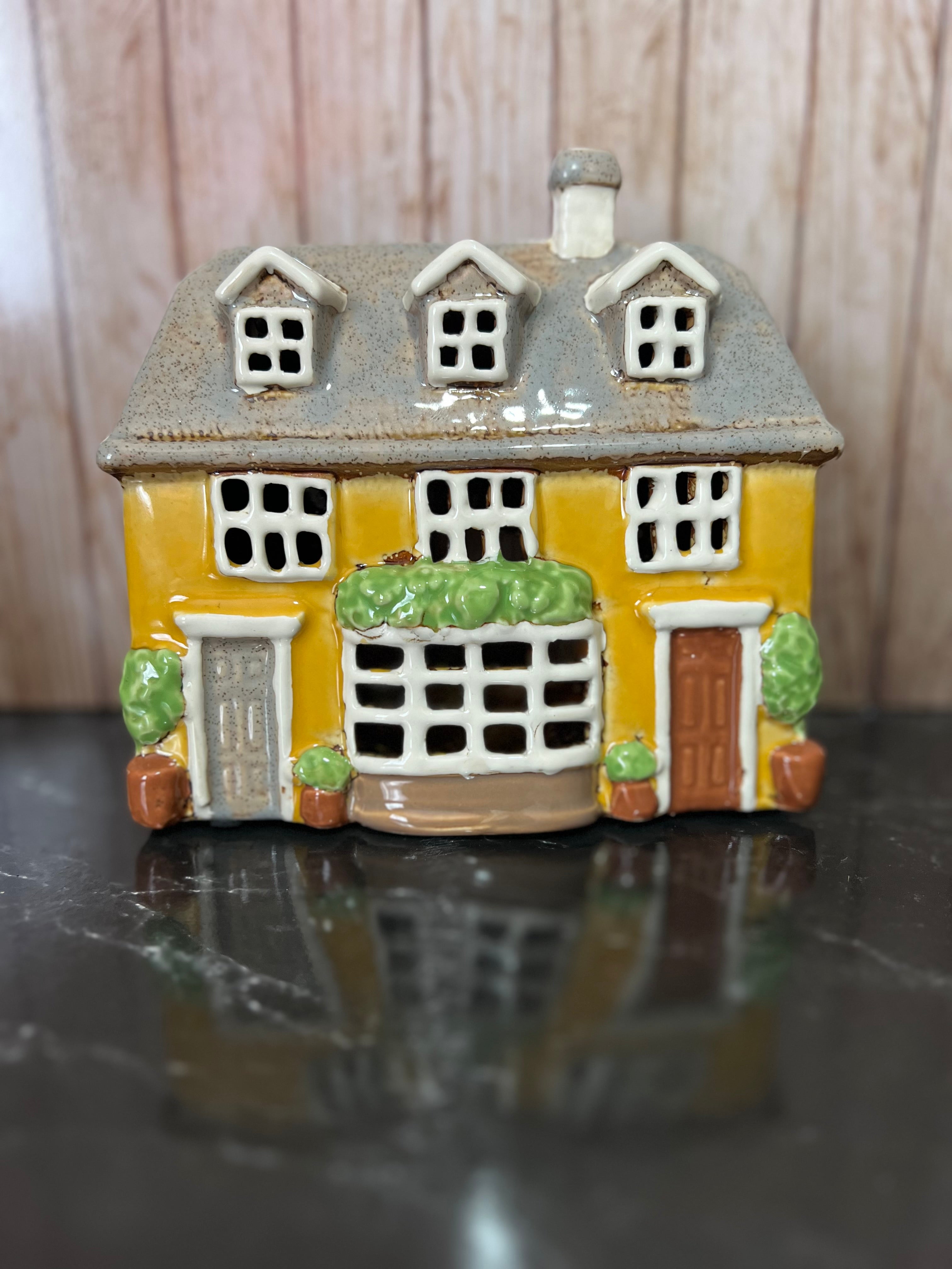 Yellow Terraced House Ceramic Tea Light Holder with Bay Window