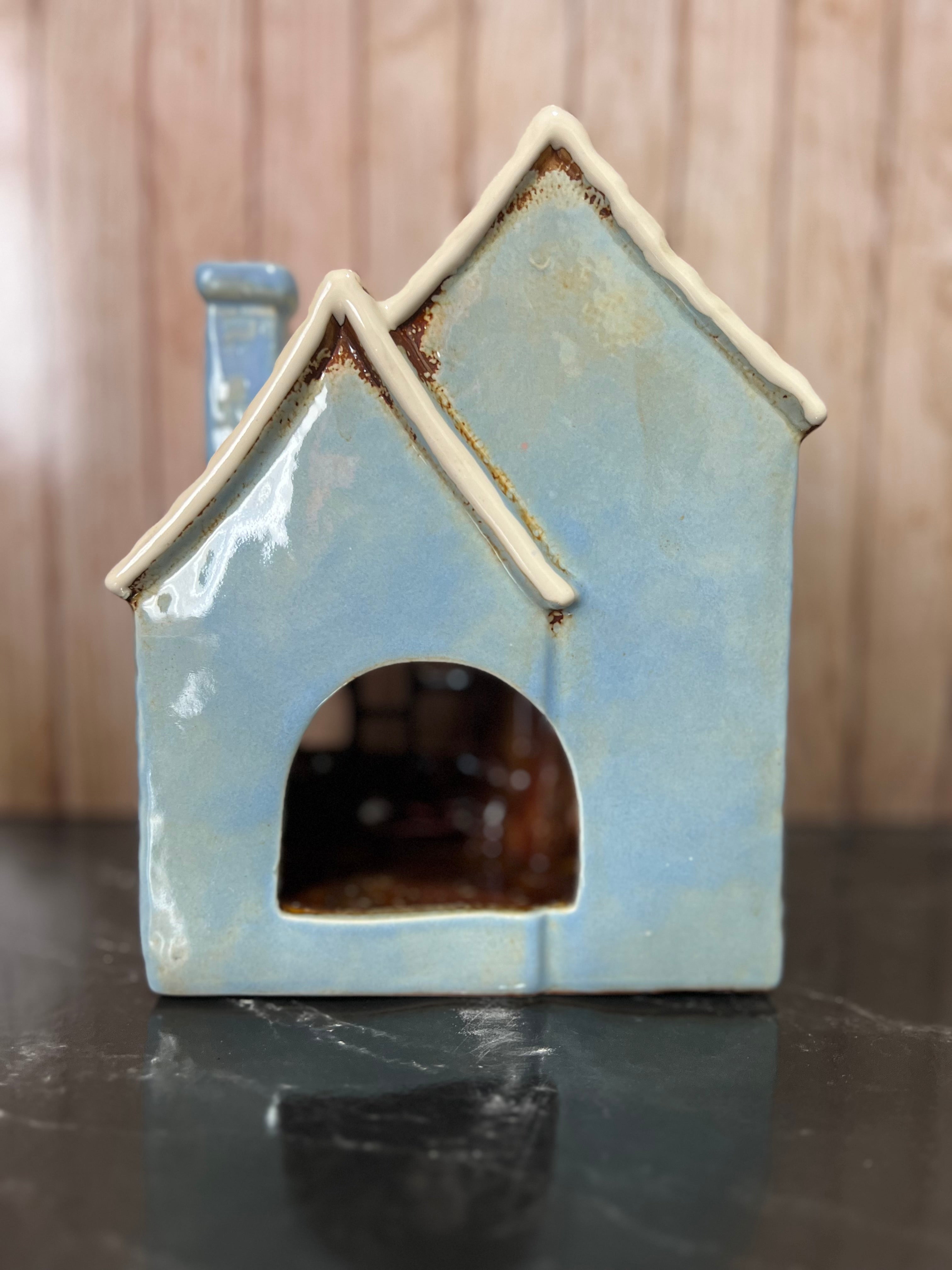 Blue Double House Ceramic Tea Light Holder with Shutters