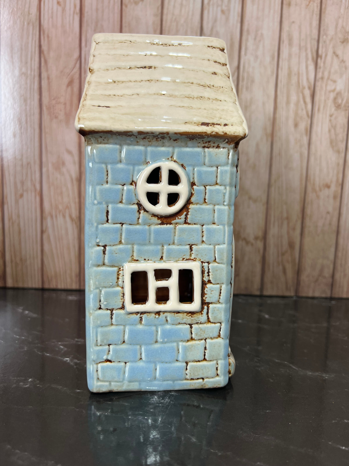 Blue Double House Ceramic Tea Light Holder with Shutters