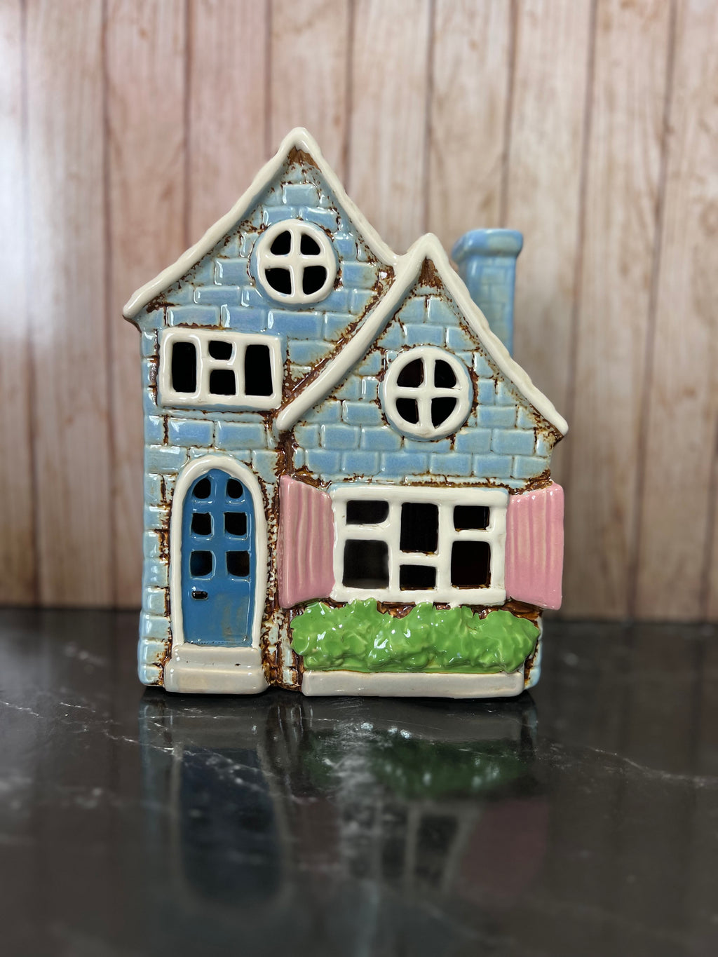 Blue Double House Ceramic Tea Light Holder with Shutters