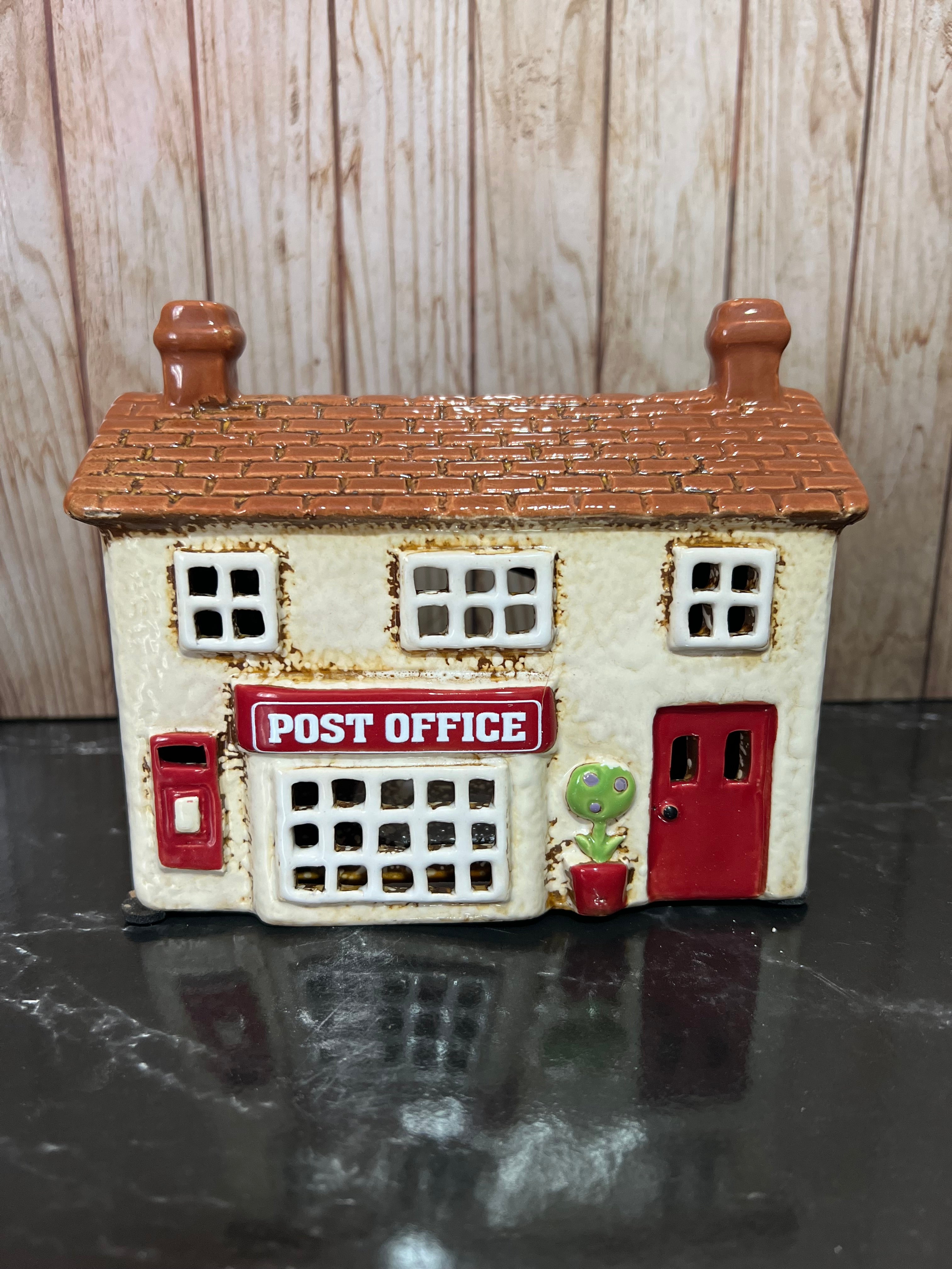 Post Office Ceramic Tea Light Holder with Post Box and Pot Plants
